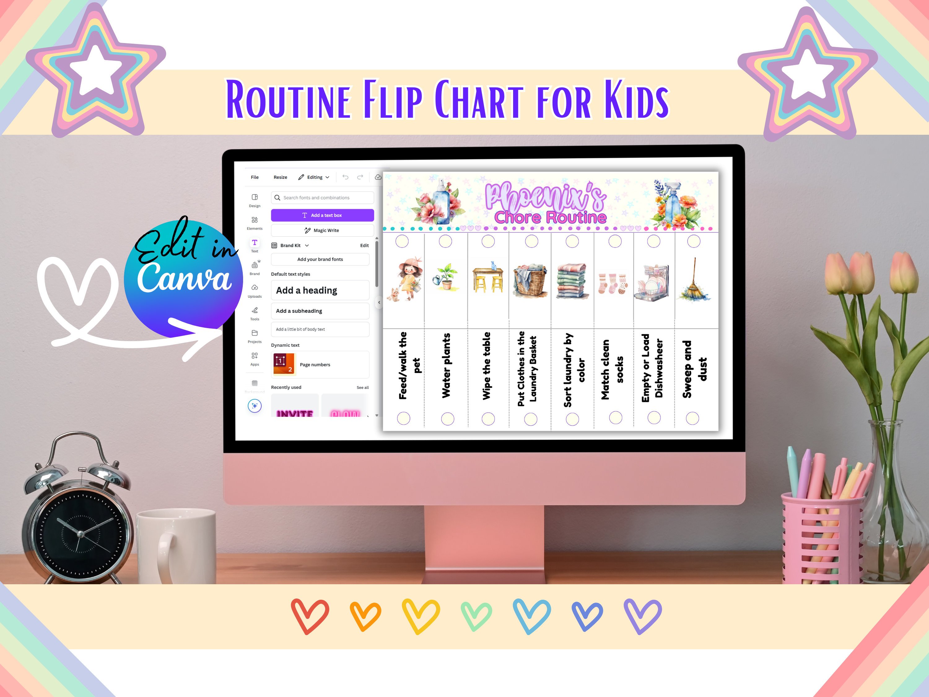 Editable Kids Visual Routine Flip Charts Colorful Morning Afternoon Evening Chores 4 Printable Charts Front & Back Reusable Canva Template