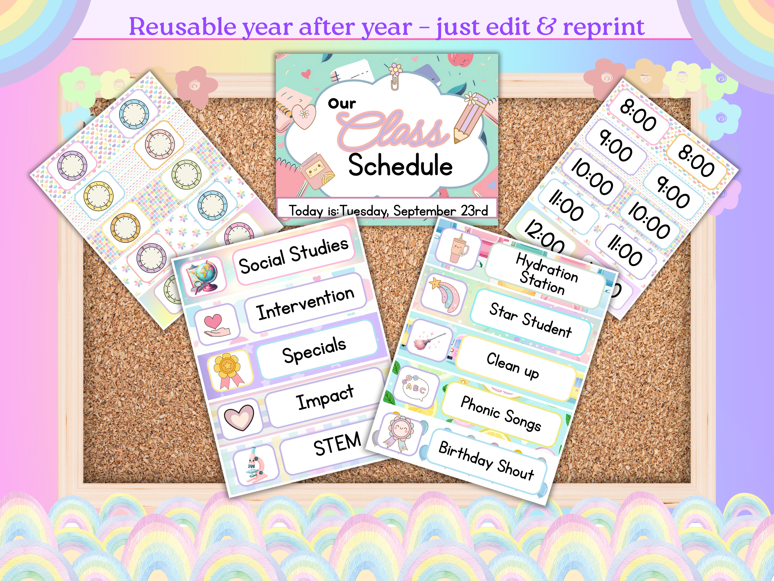 Visual Classroom Schedule | Editable Canva Template | Bulletin Board Pastel Teacher Planner Cards | Homeschool Class Routine Chart