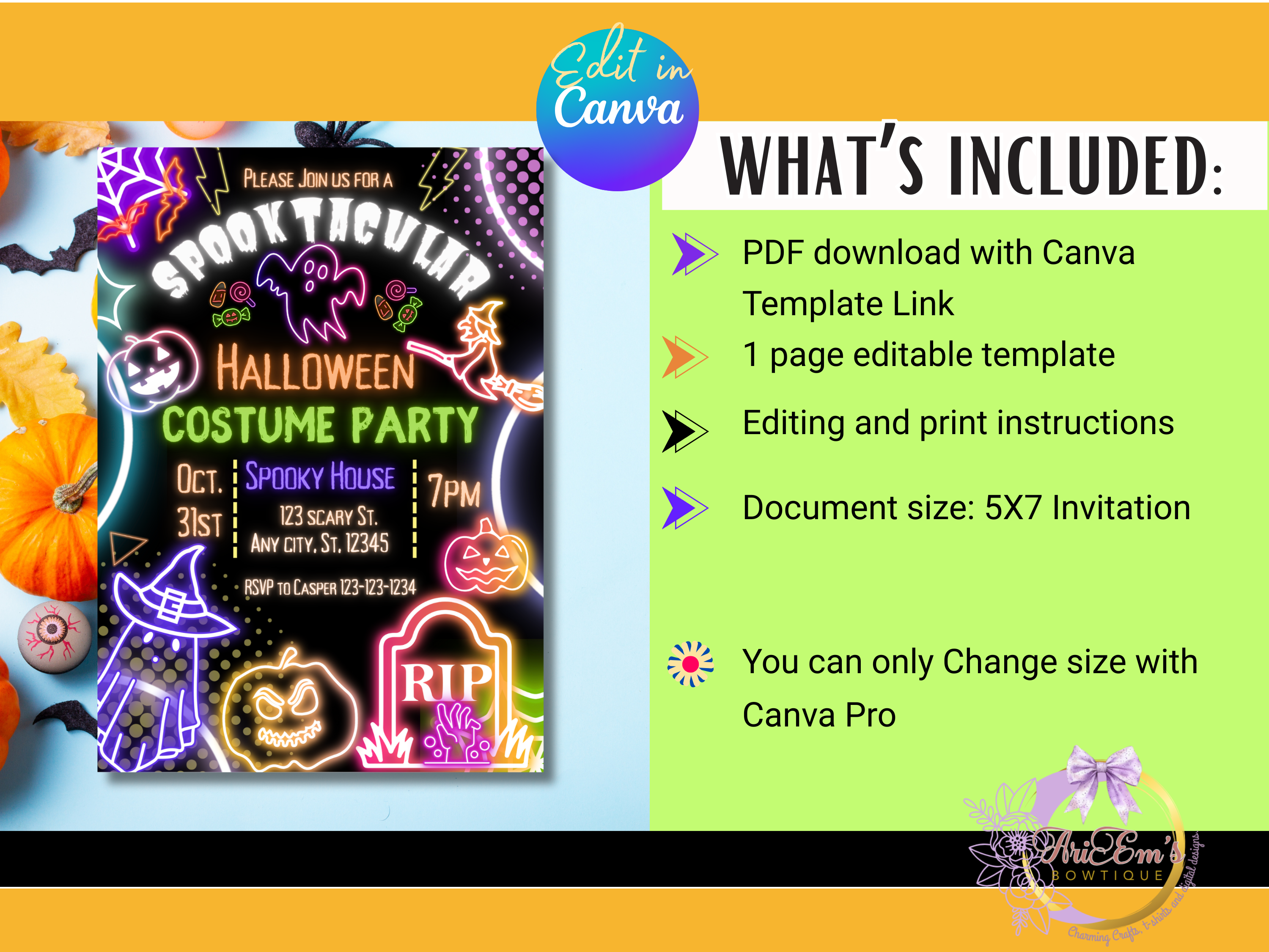 Neon Halloween Party Invitation | Spooky Bright Fun Canva Template | Editable Digital Download for Kids & Adult Halloween Bash