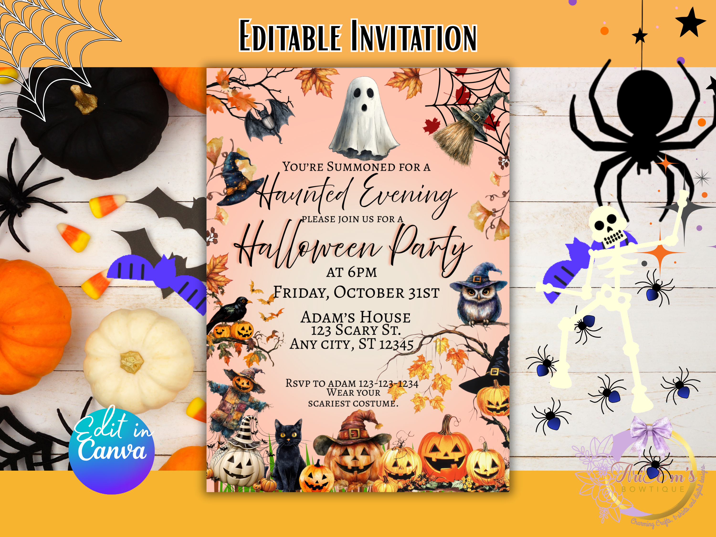 Haunted Evening Fall Halloween Invitation | Spooky Party Invite | Jack-o’-Lantern Canva Editable Digital Download | 5x7 Printable