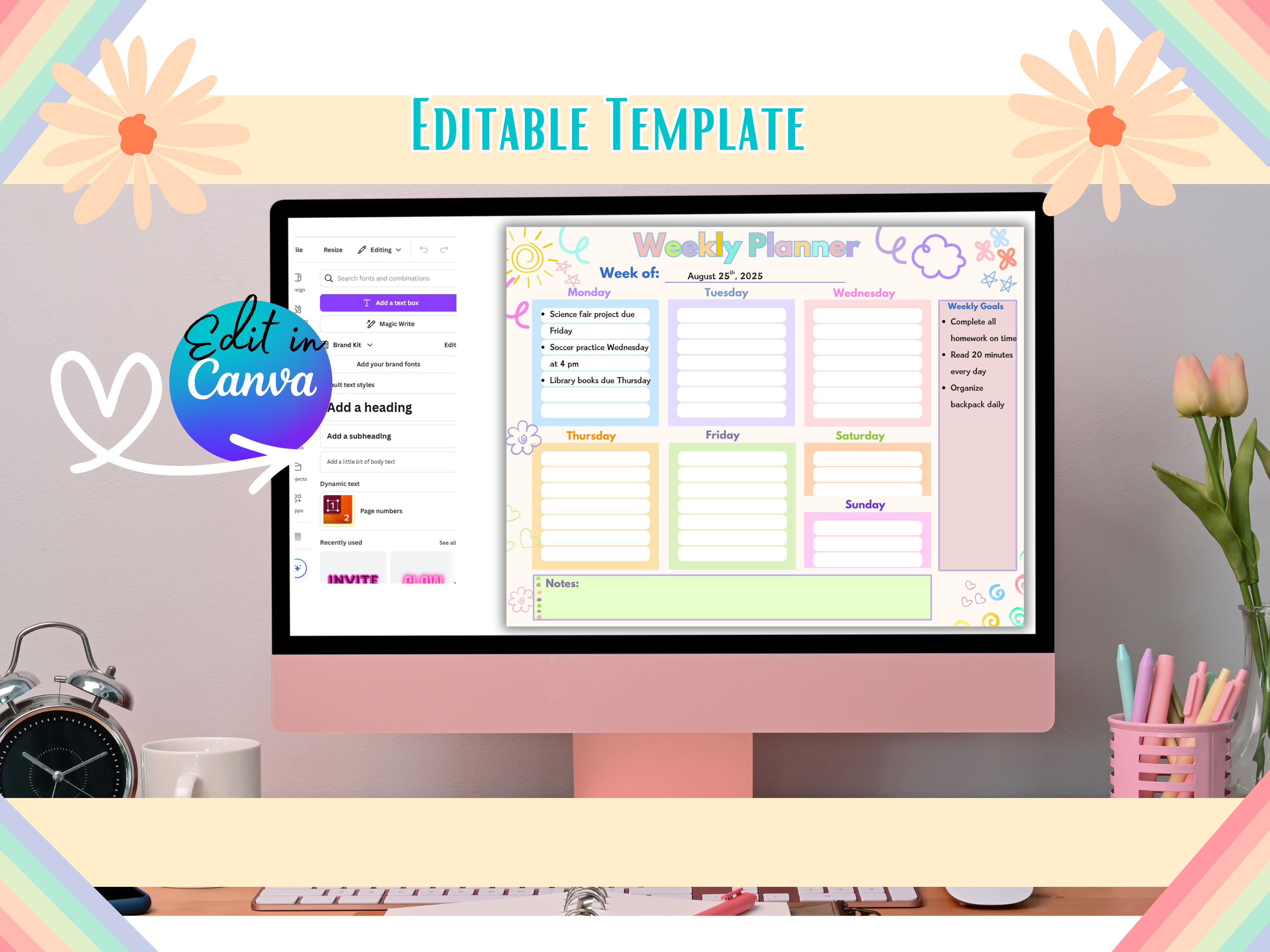 Editable Weekly Planner Bundle PDF Download | Back to School To-Do List Homework Planner Monthly Calendar Class Schedule Printable Template