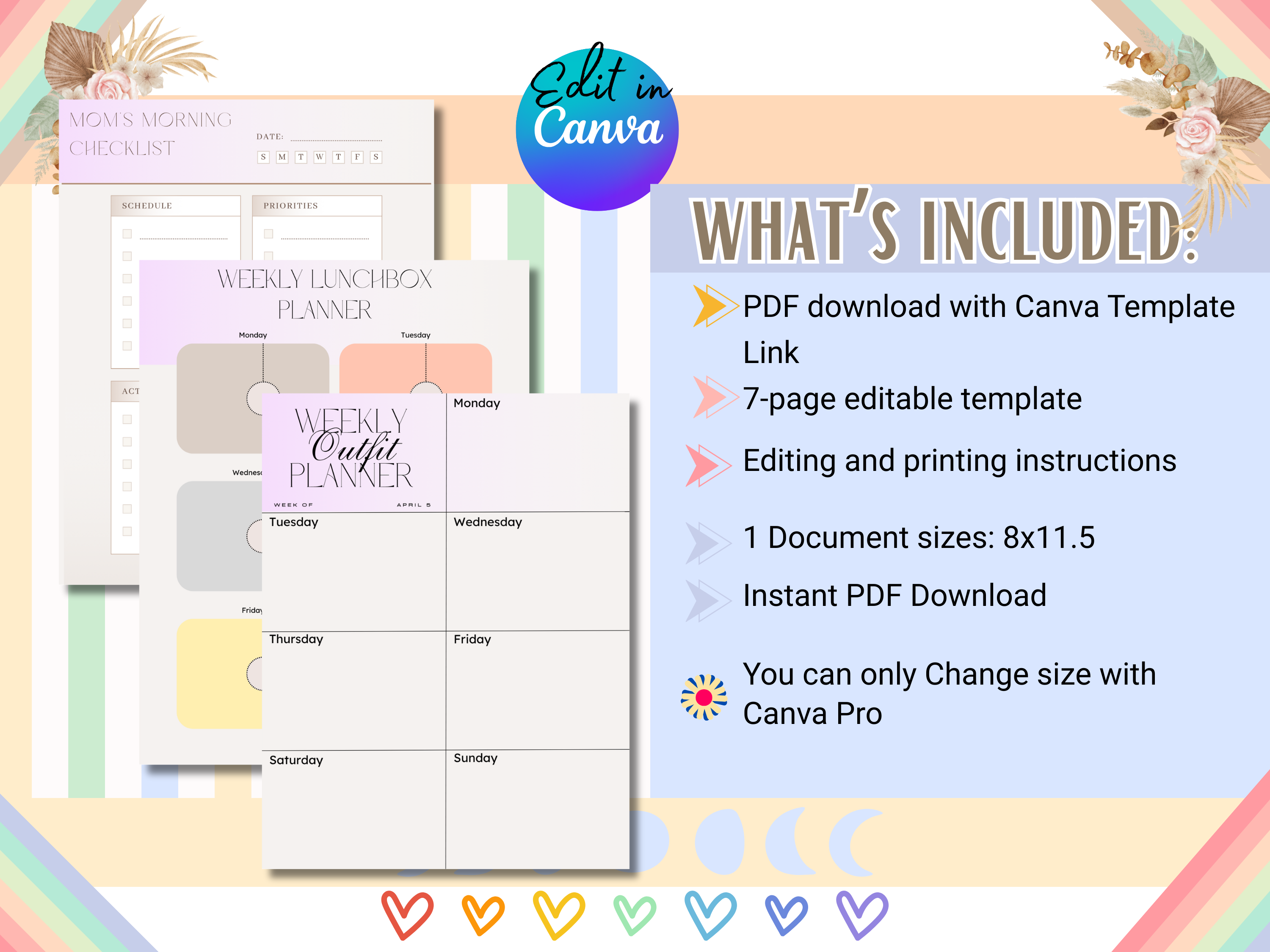 Morning Routine Mom Planner 7-Page Editable Canva Template Daily Kids Chores Chart Lunch Planner Outfit Planner Quotes Printable PDF