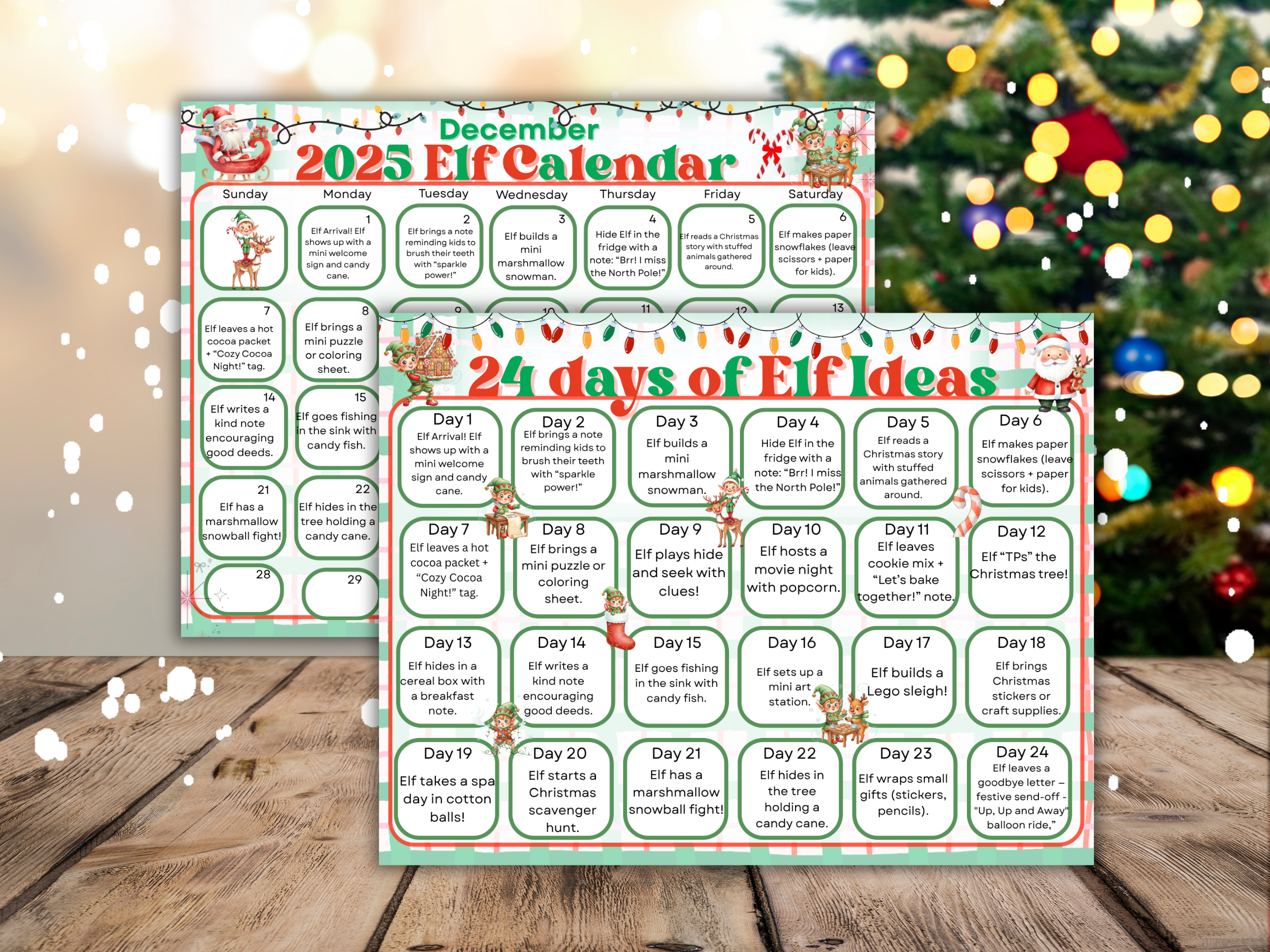 24 Days of Elf Ideas Printable | 2-Page Elf Activity Calendar & Daily Idea List | Editable 2025 Elf on the Shelf Planner | Instant Download