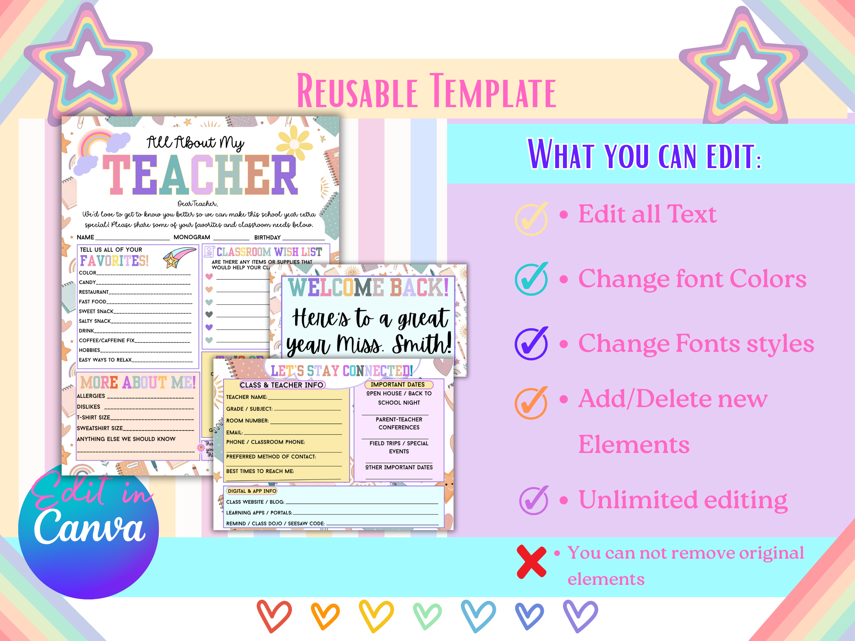 All About Me Teacher Favorites Questionnaire Bundle | Back to School Editable Teacher Survey, Contact Card Gift Tag |Canva Template