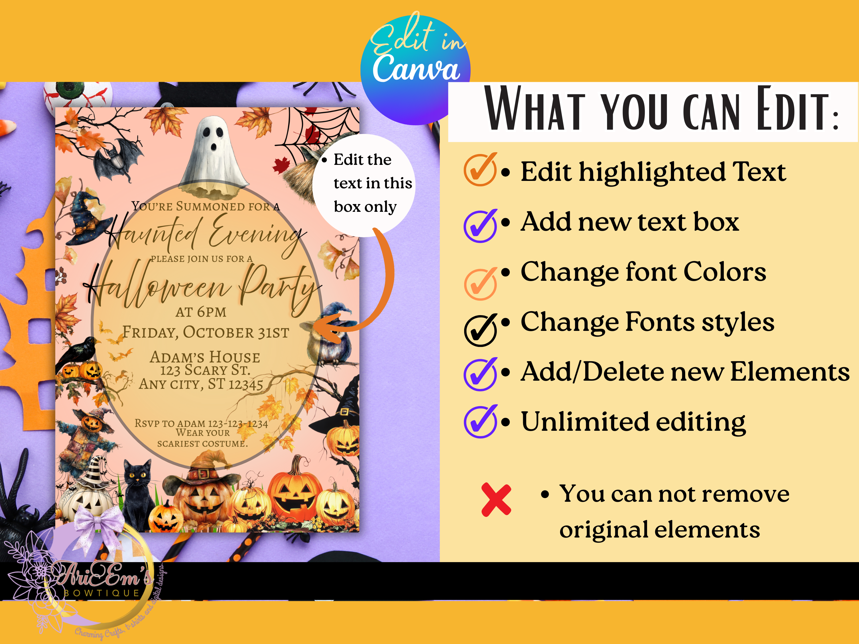 Haunted Evening Fall Halloween Invitation | Spooky Party Invite | Jack-o’-Lantern Canva Editable Digital Download | 5x7 Printable