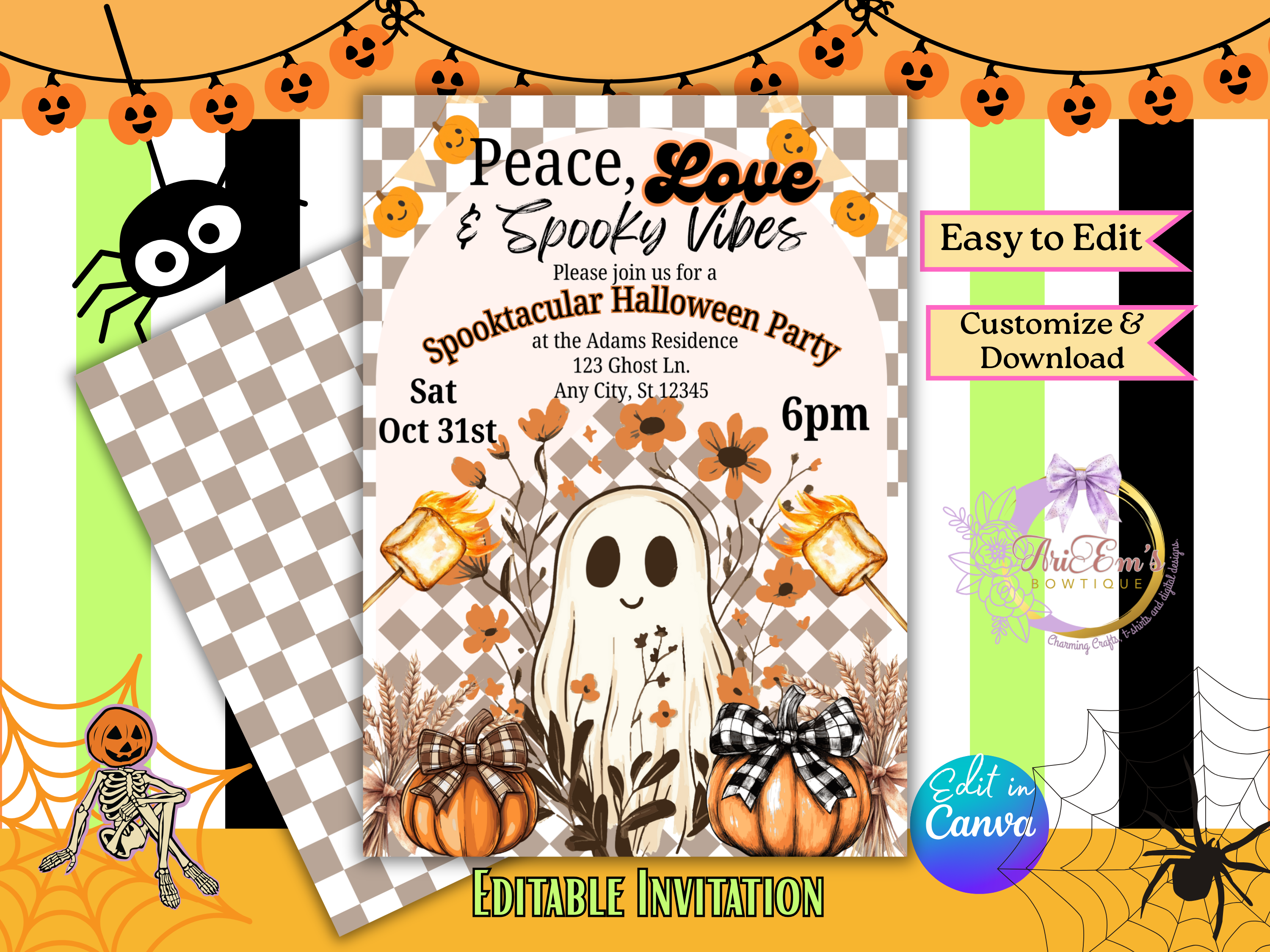 Neon Halloween Party Invitation | Spooky Bright Fun Canva Template | Editable Digital Download for Kids & Adult Halloween Bash