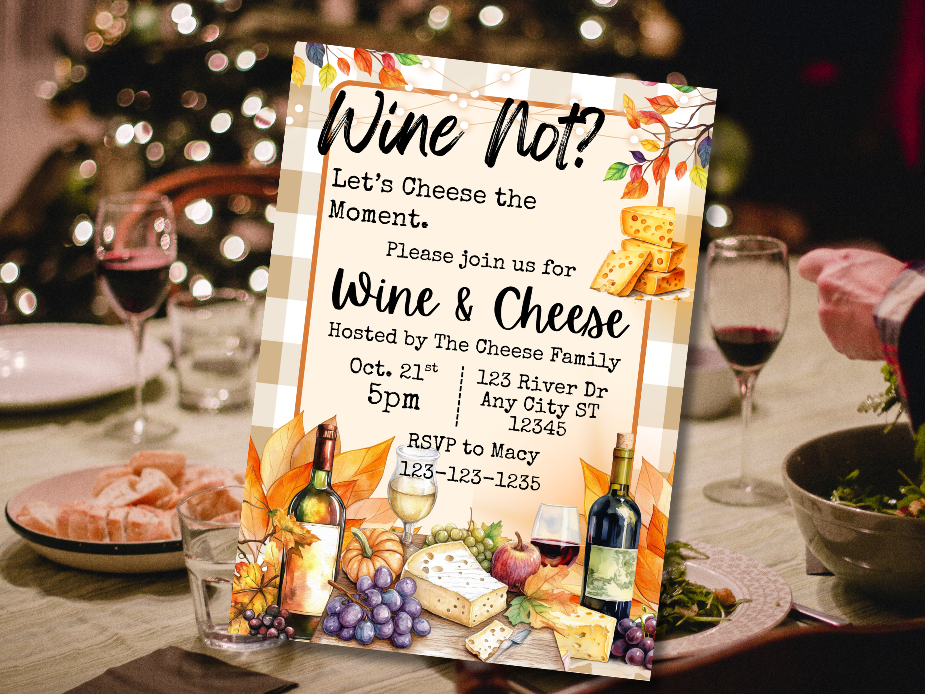 Wine Not Let’s Cheese the Moment Wine & Cheese Party Invitation | Charcuterie Dinner Canva Template | Editable Digital Download 5x7