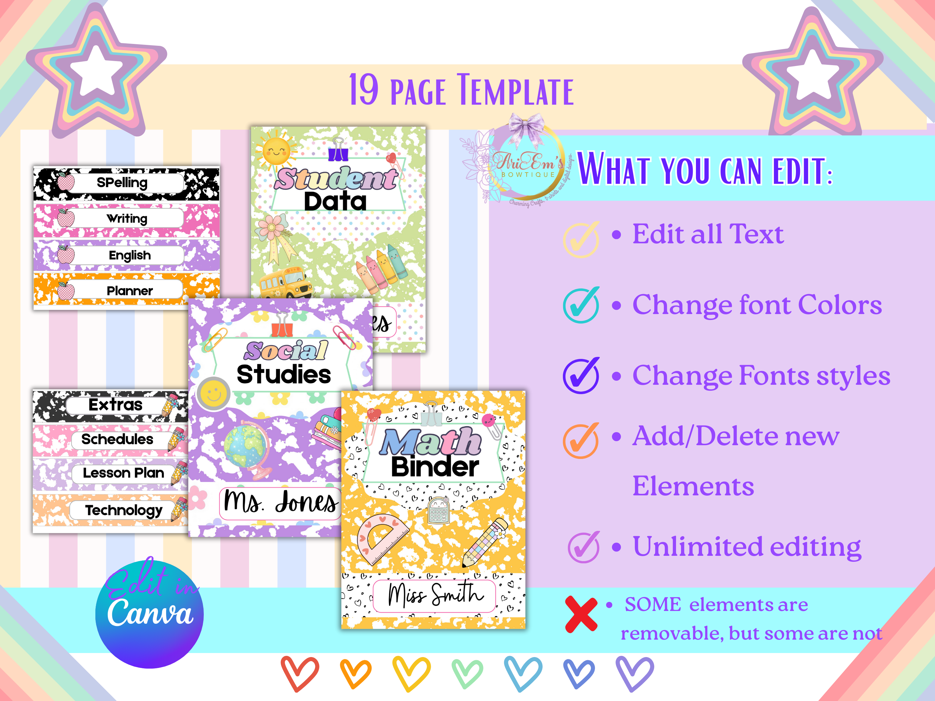 Editable Binder Covers & Spines – Fun Pastel Composition Notebook Theme Template for Teachers and Students