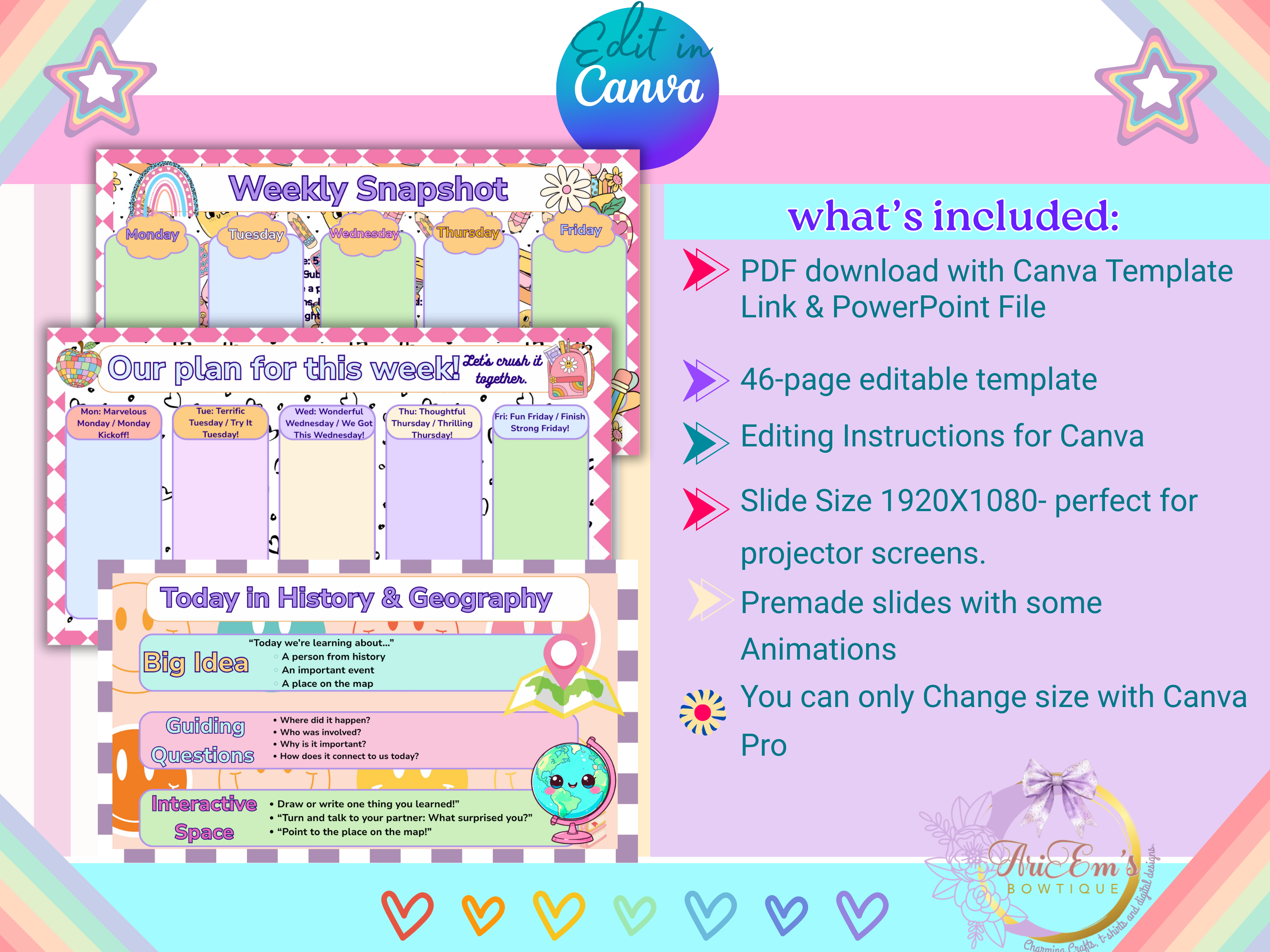 Editable Daily Classroom Slides | Retro Checker Theme PowerPoint Canva Template Google Slides 46 Pages for Teacher Class Routines