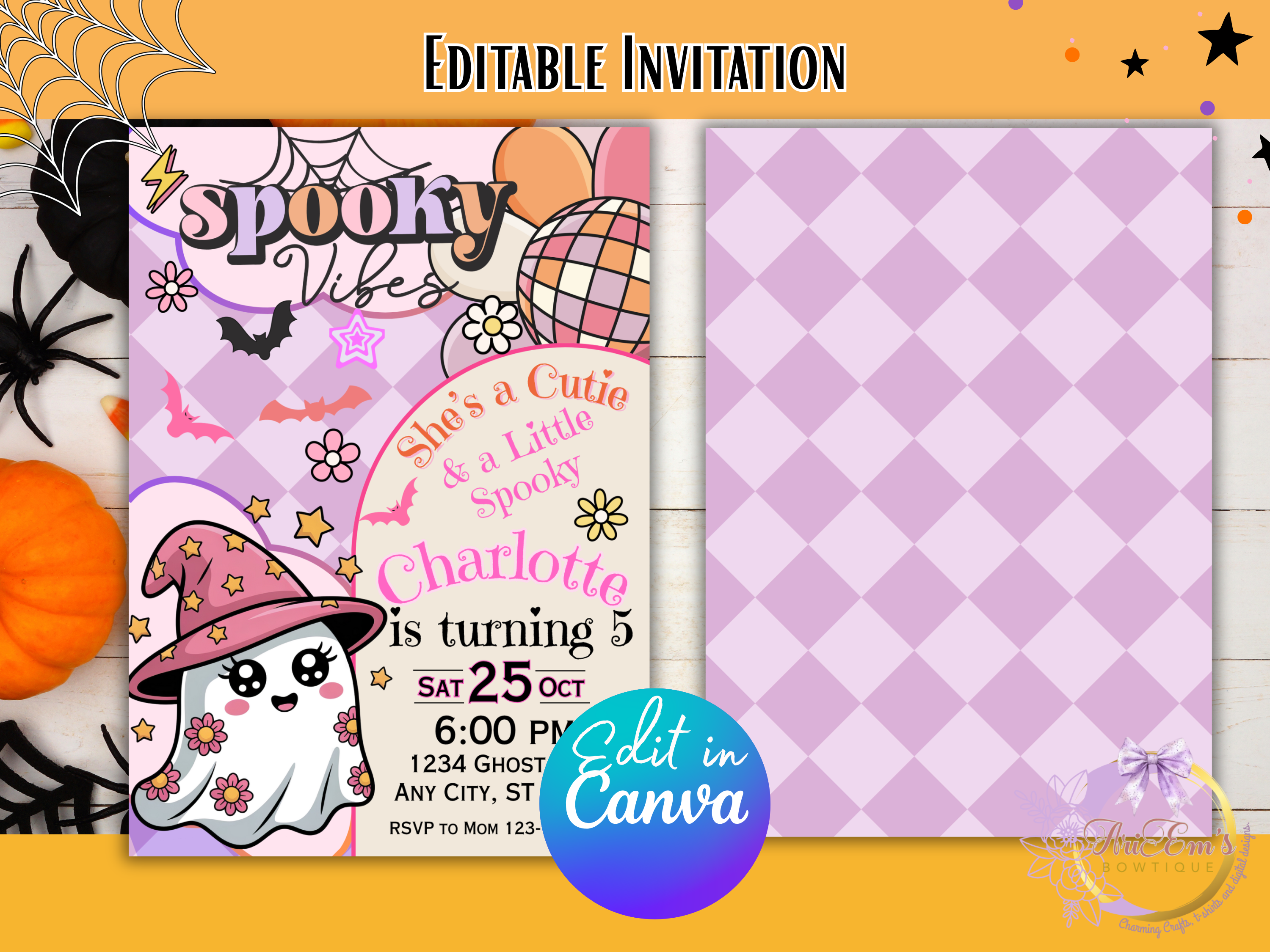 Editable Halloween Ghost Invitation, Girl Spooky Vibes Canva Template, Retro Rainbow Ghost Birthday Party Invite for Kids & Teens- Bonus Gift Tag