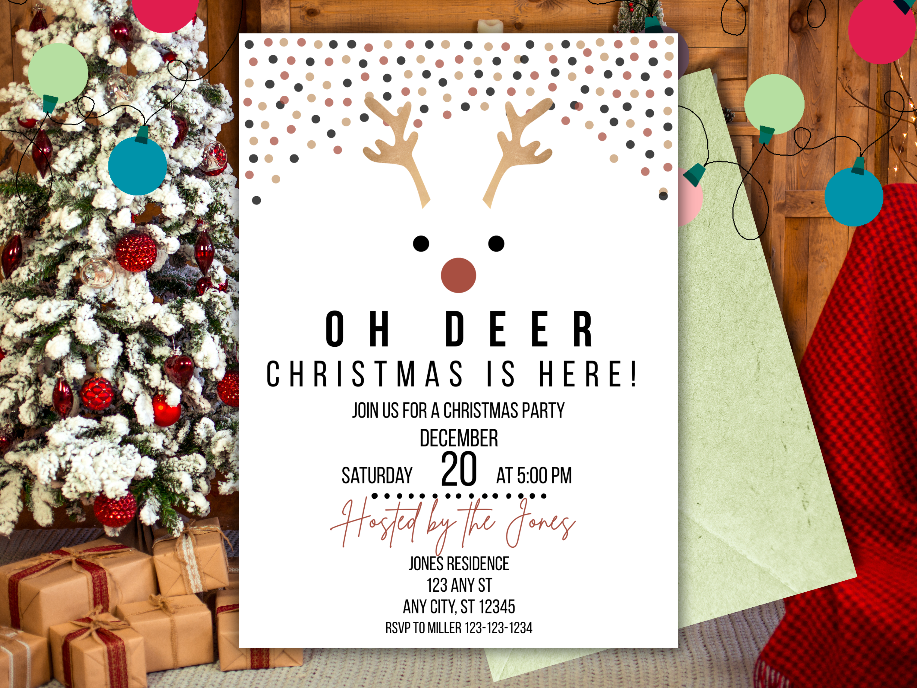 Oh Deer Christmas Party Invitation | Minimalist Holiday Reindeer Invite Canva Template Download