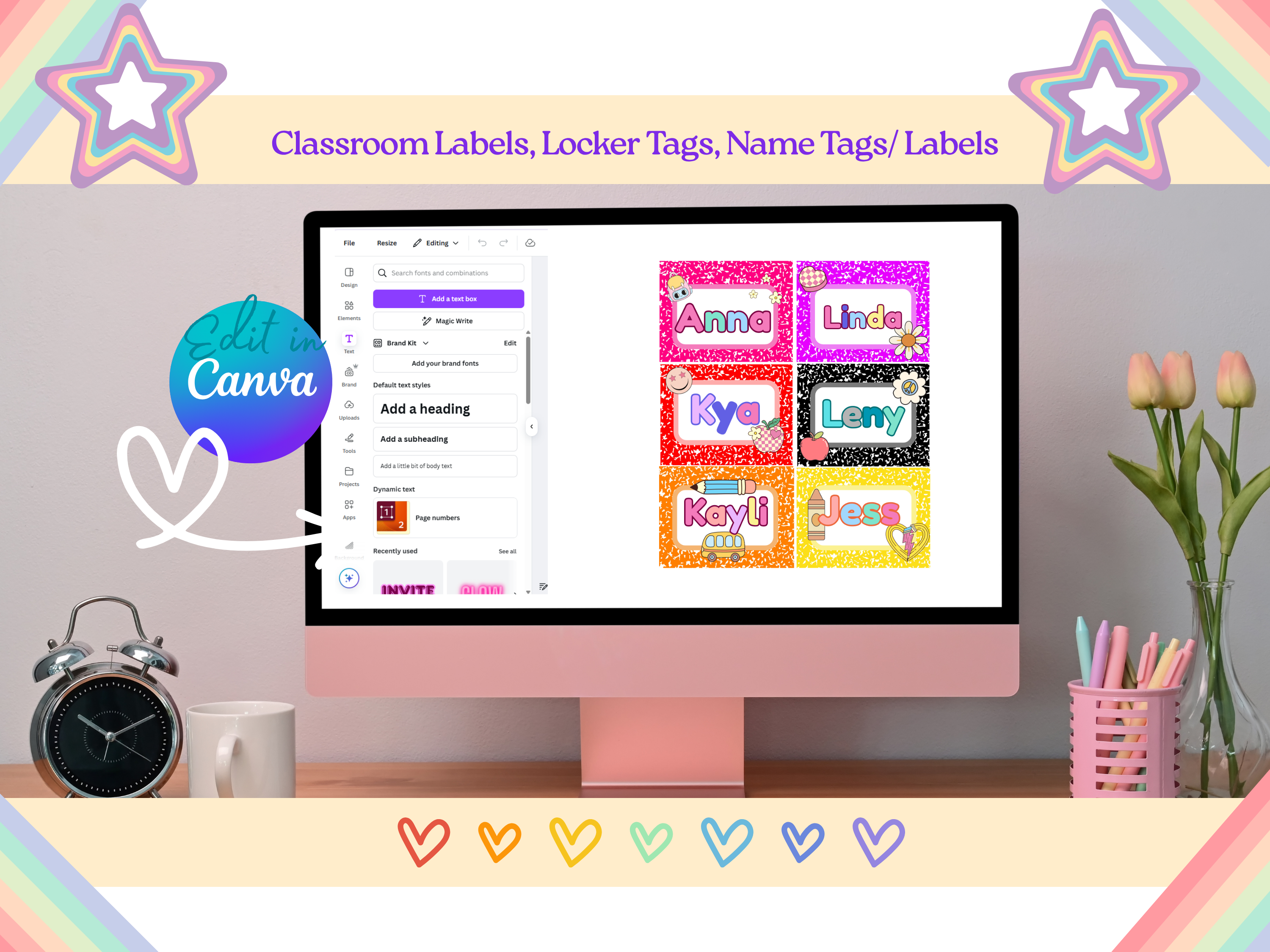 Retro Bright Classroom Labels Set - 29 Editable Tags in 3 Sizes - Composition Style Name Tags, Locker Labels, Desk Tags