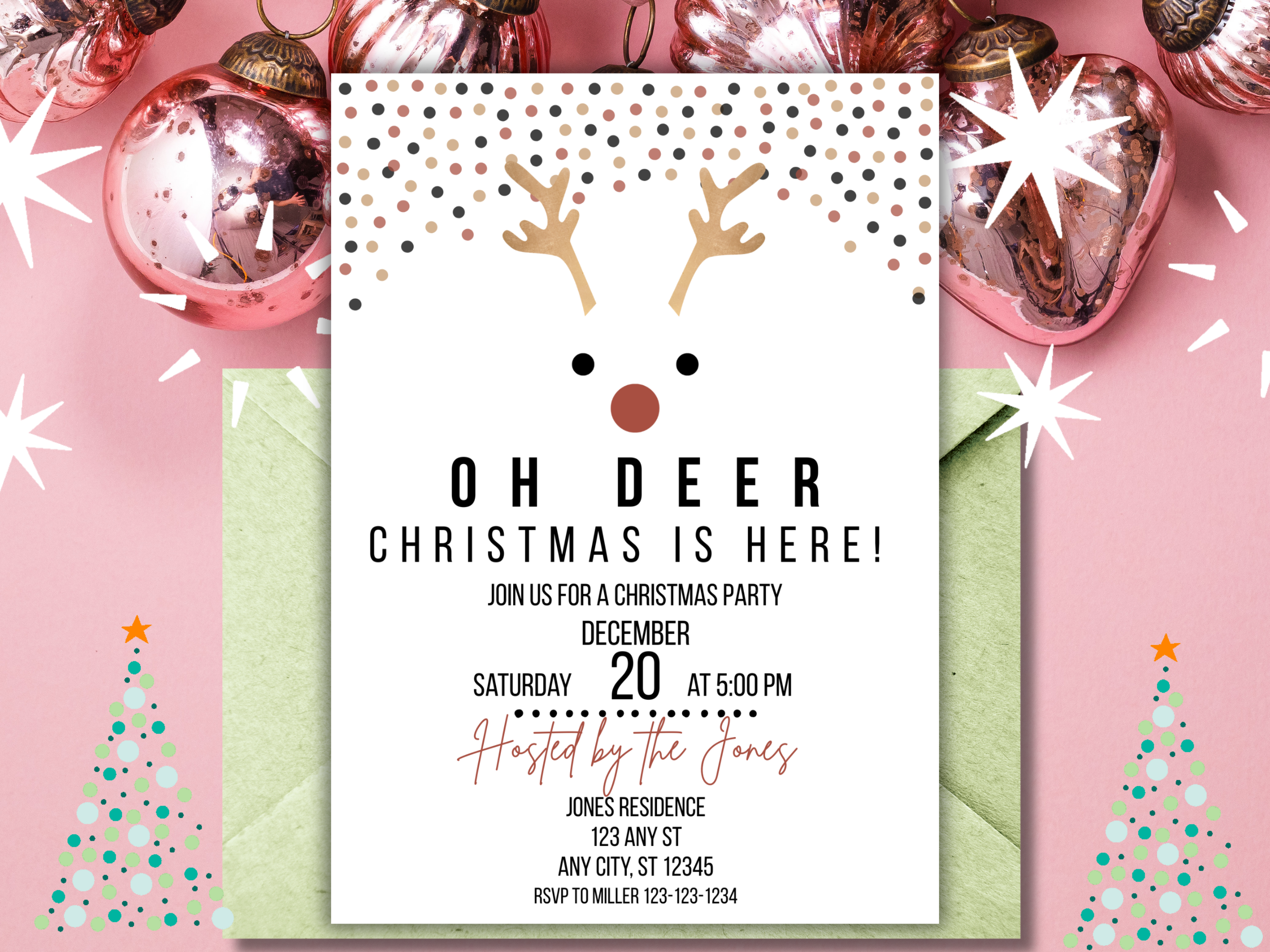 Oh Deer Christmas Party Invitation | Minimalist Holiday Reindeer Invite Canva Template Download