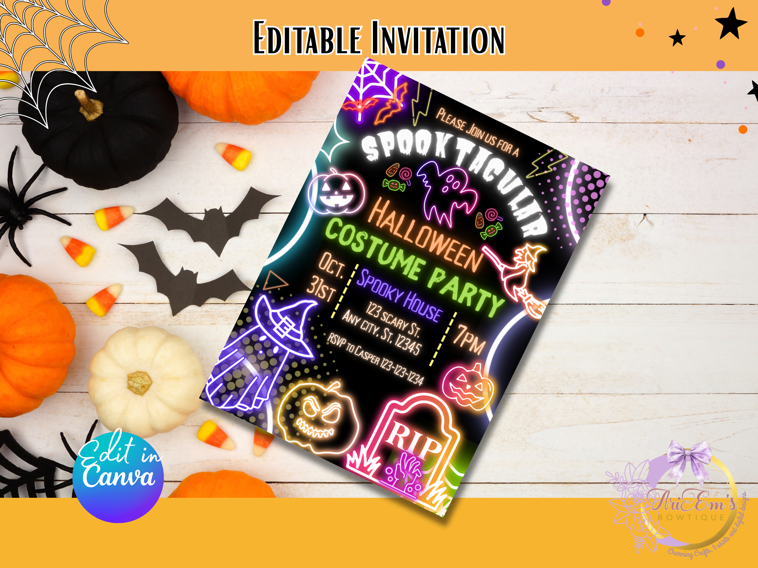 Neon Halloween Party Invitation | Spooky Bright Fun Canva Template | Editable Digital Download for Kids & Adult Halloween Bash