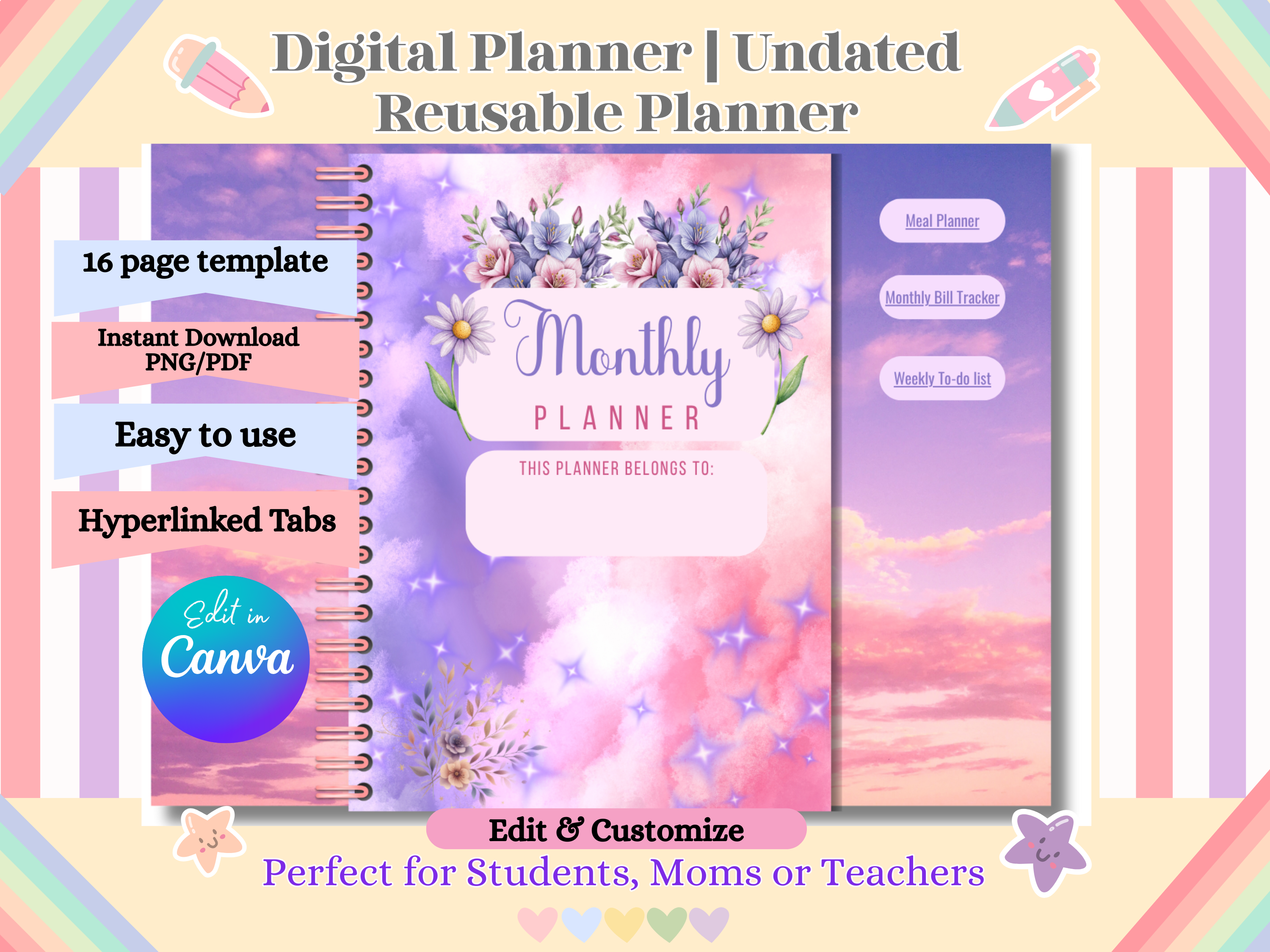 Digital Planner Undated Purple Sky Meal Budget Weekly To Do List Tracker Canva Editable for Goodnotes Notability Reusable Task Organizer