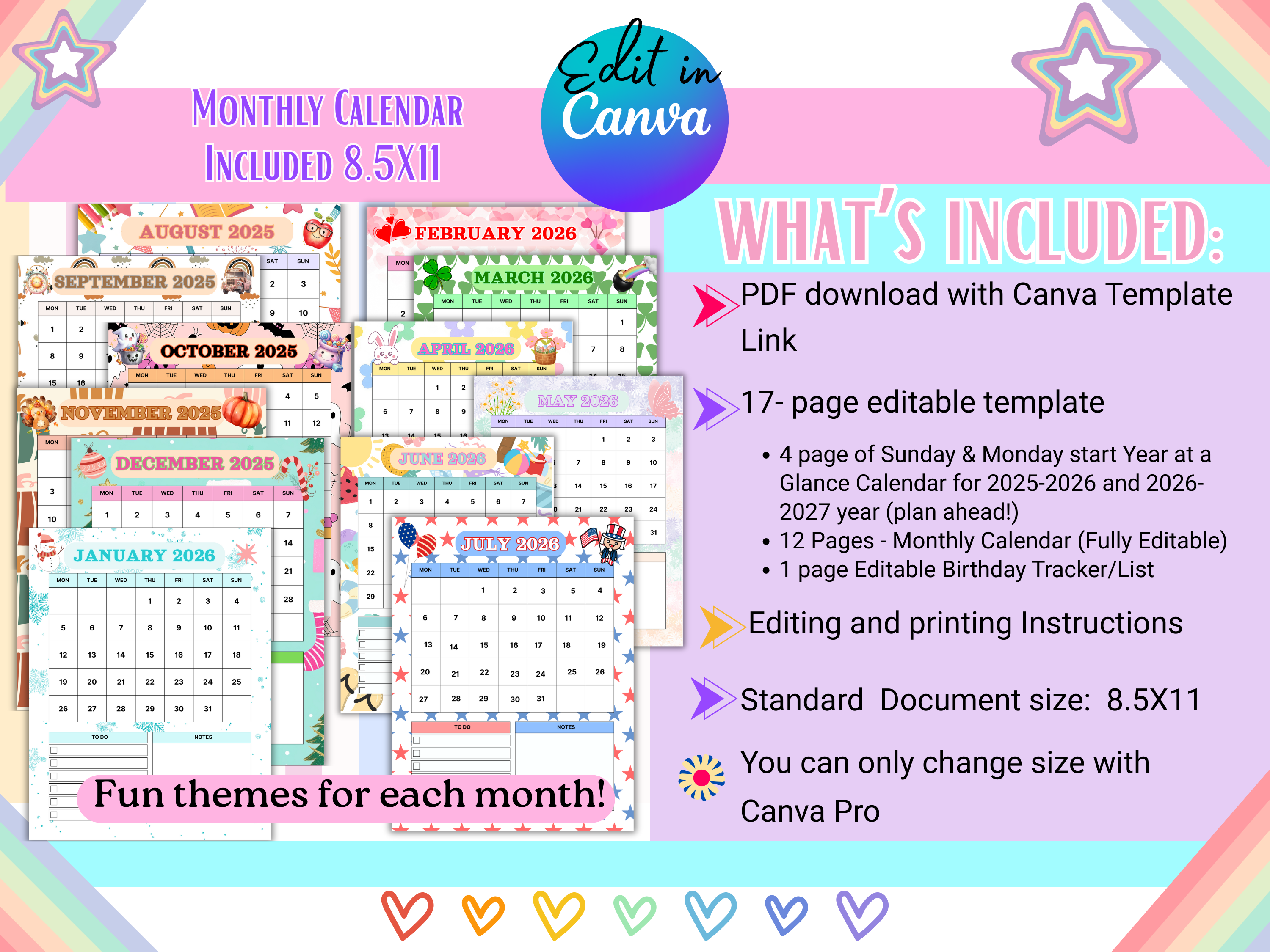 Editable School Academic Yearly Calendar 2025–2026 2026–2027 Template Year-at-a-Glance Monthly Planner for Teachers, Homeschool Moms Coaches