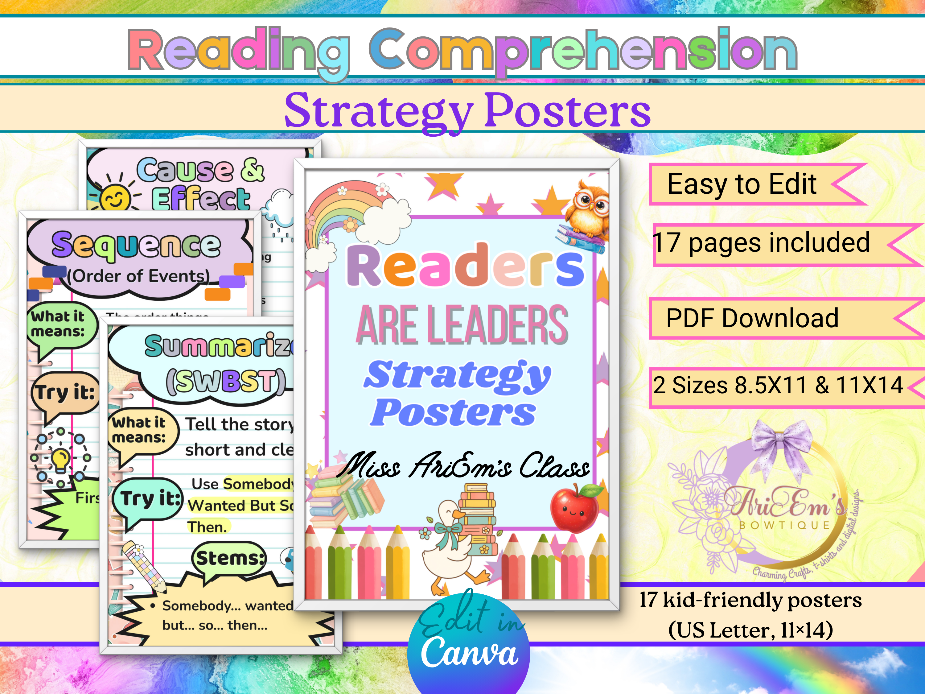 Editable Reading Comprehension Posters for Kids Teachers | Classroom Literacy Decor | 16 Skills Anchor Charts for Bulletin Boards Homeschool
