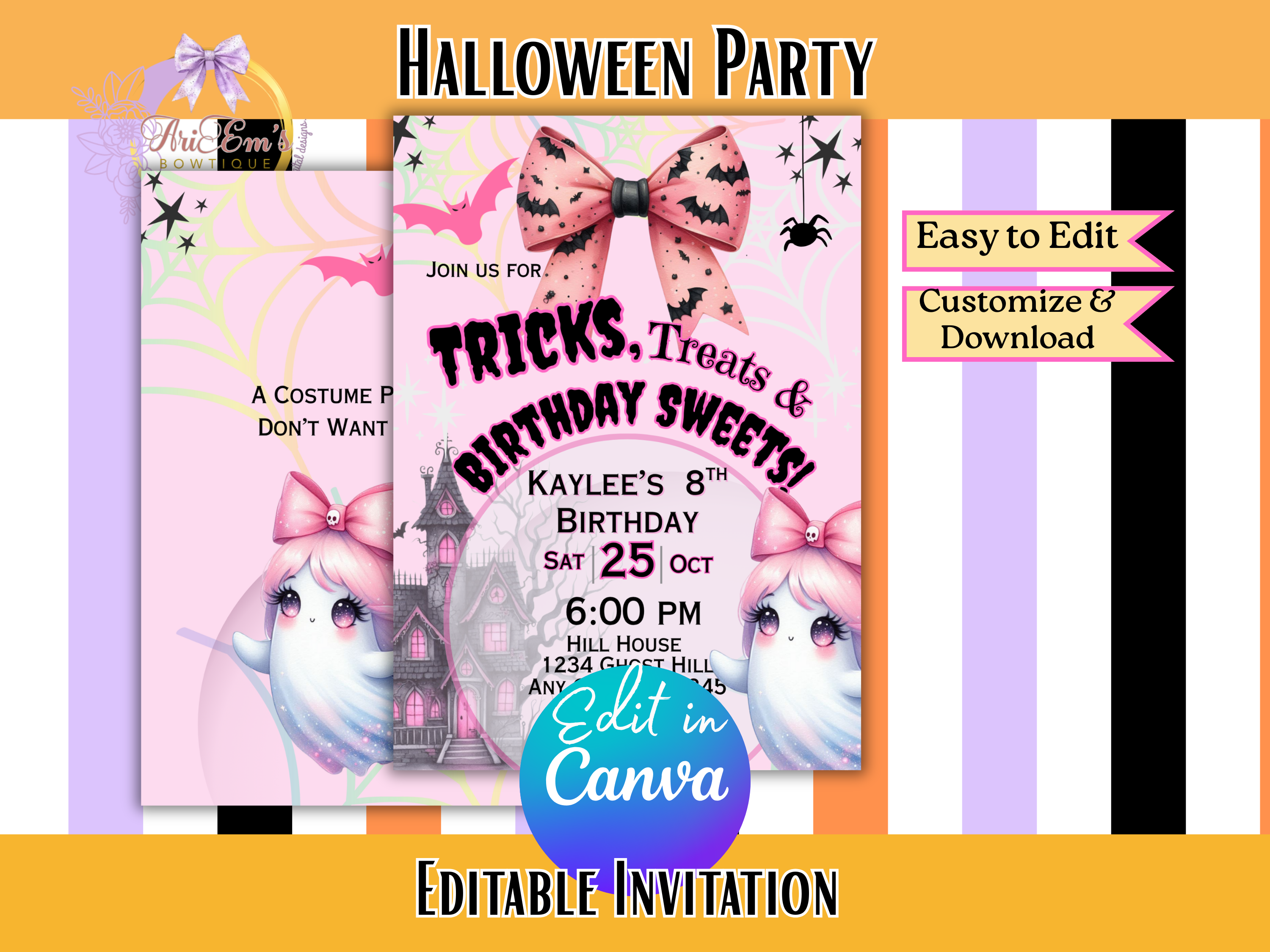 pink ghost invite, girl halloween, ghost birthday, canva halloween, halloween invite, ghost girl party, editable invite, pastel halloween, cute ghost card, spooky girl party, halloween bday, halloween template, digital party card