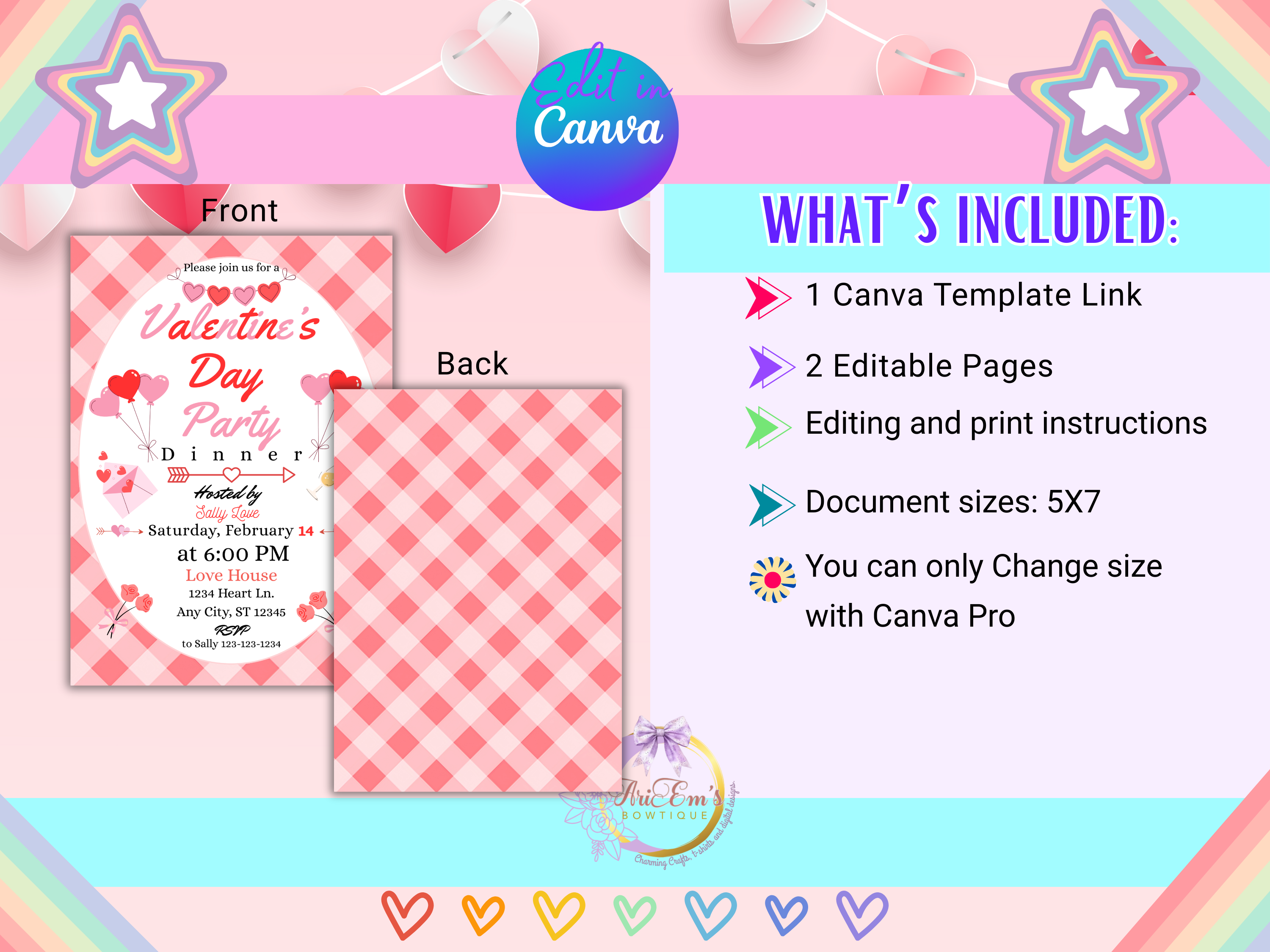 Valentine’s Day Invitation Canva Template | Editable  Heart-Themed Party Invite for Birthdays, Dinner Parties, Galentine’s Digital Download
