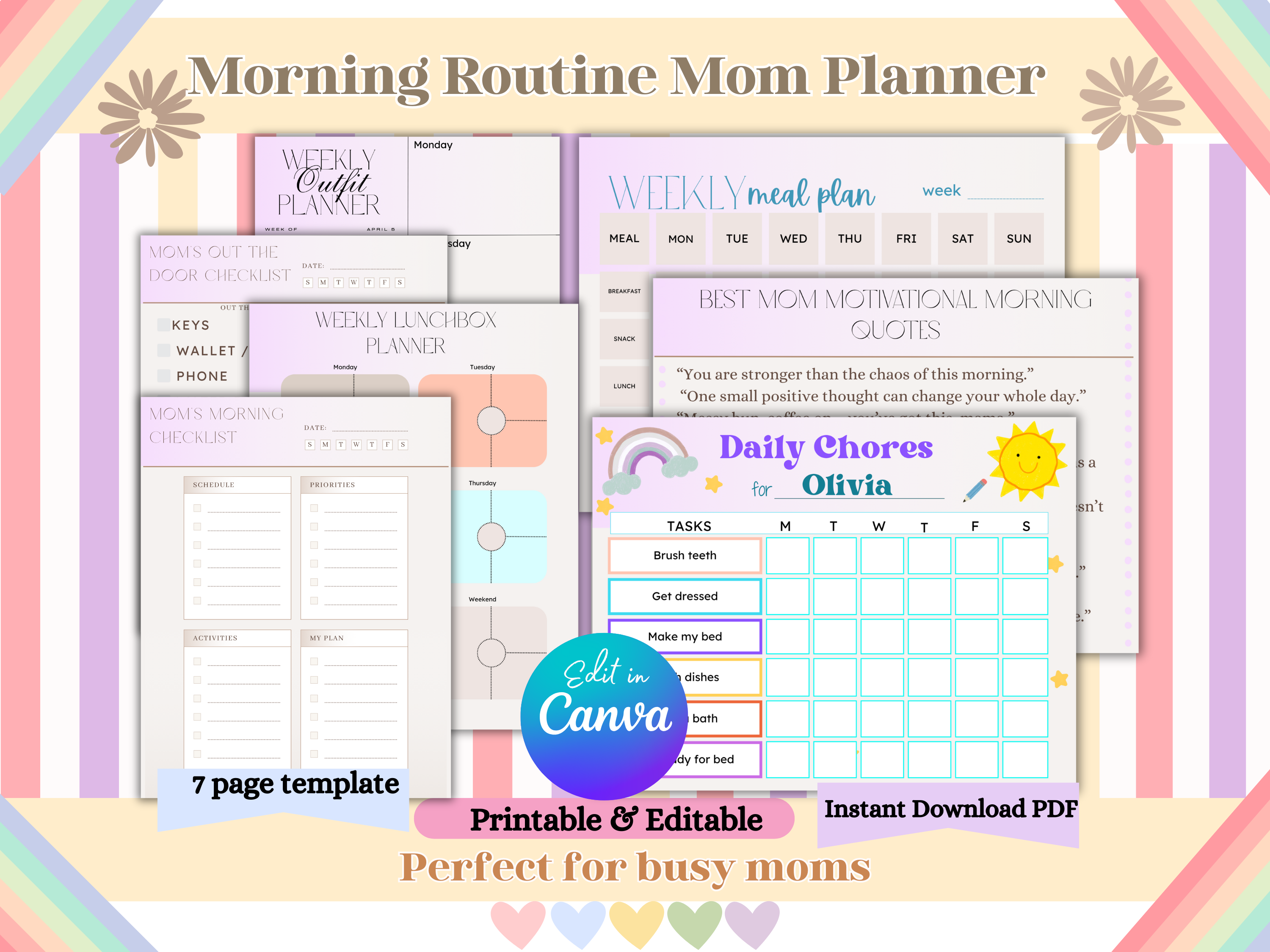 Morning Routine Mom Planner 7-Page Editable Canva Template Daily Kids Chores Chart Lunch Planner Outfit Planner Quotes Printable PDF