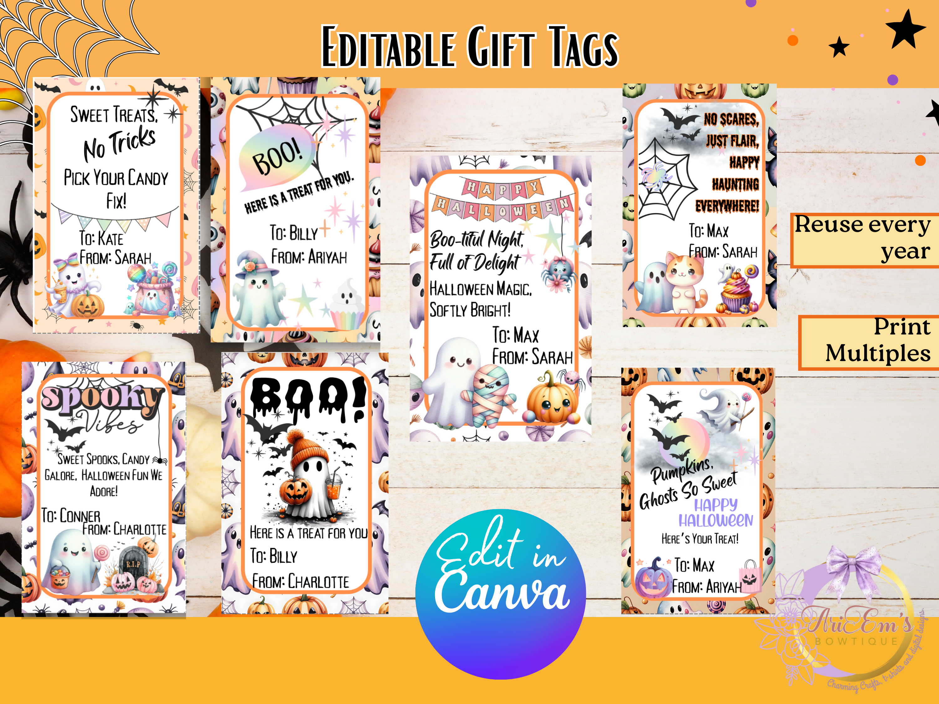 Happy Halloween Cute Candy Gift Tags • 8 Fun Editable Canva Designs • Printable School Treat Labels • Halloween Party Favor Tags 2.7"x4.3"