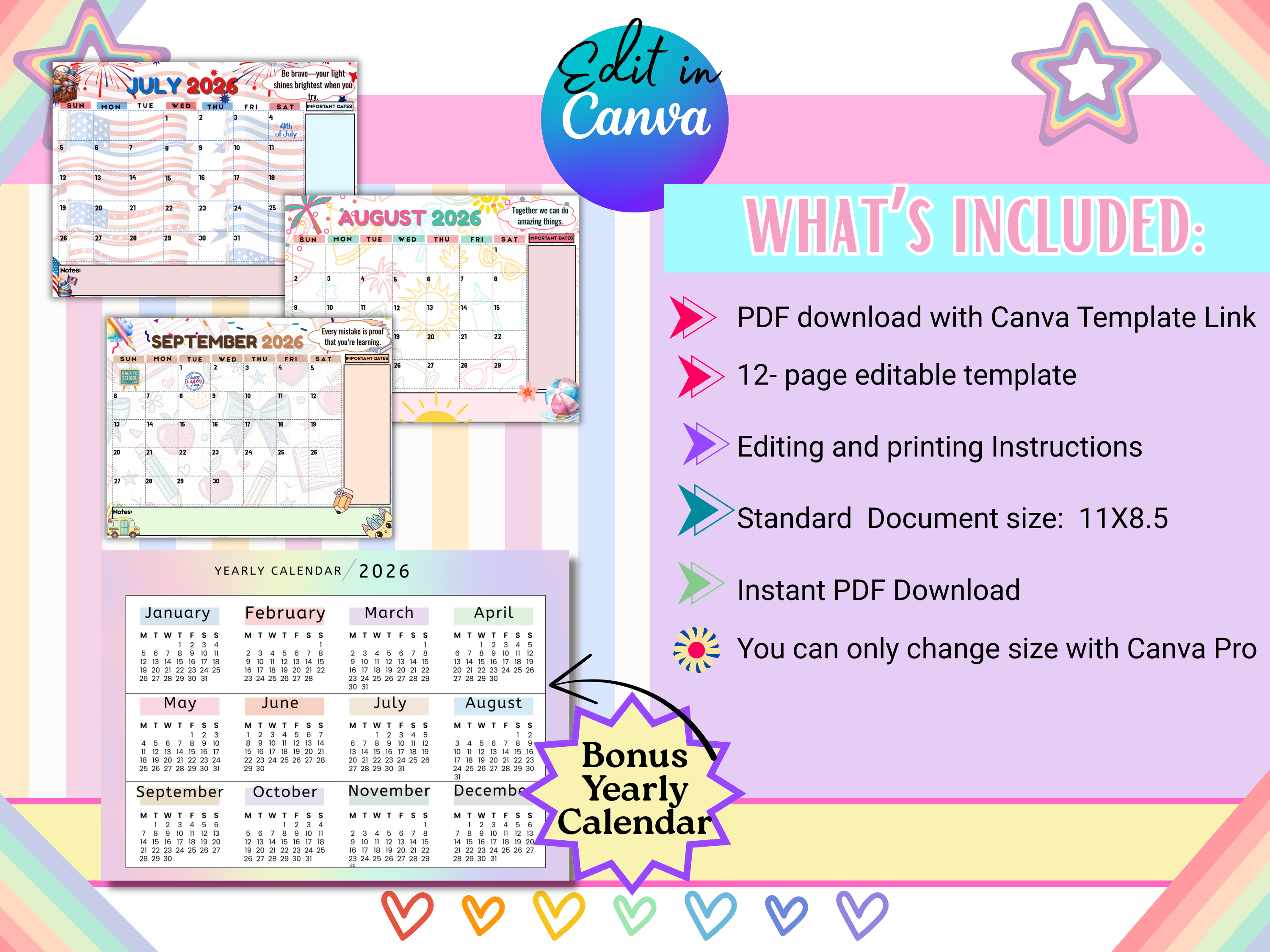 Colorful Kids Motivational Calendar 2026 12 Monthly Themes + Bonus Yearly Calendar – Printable PDF 