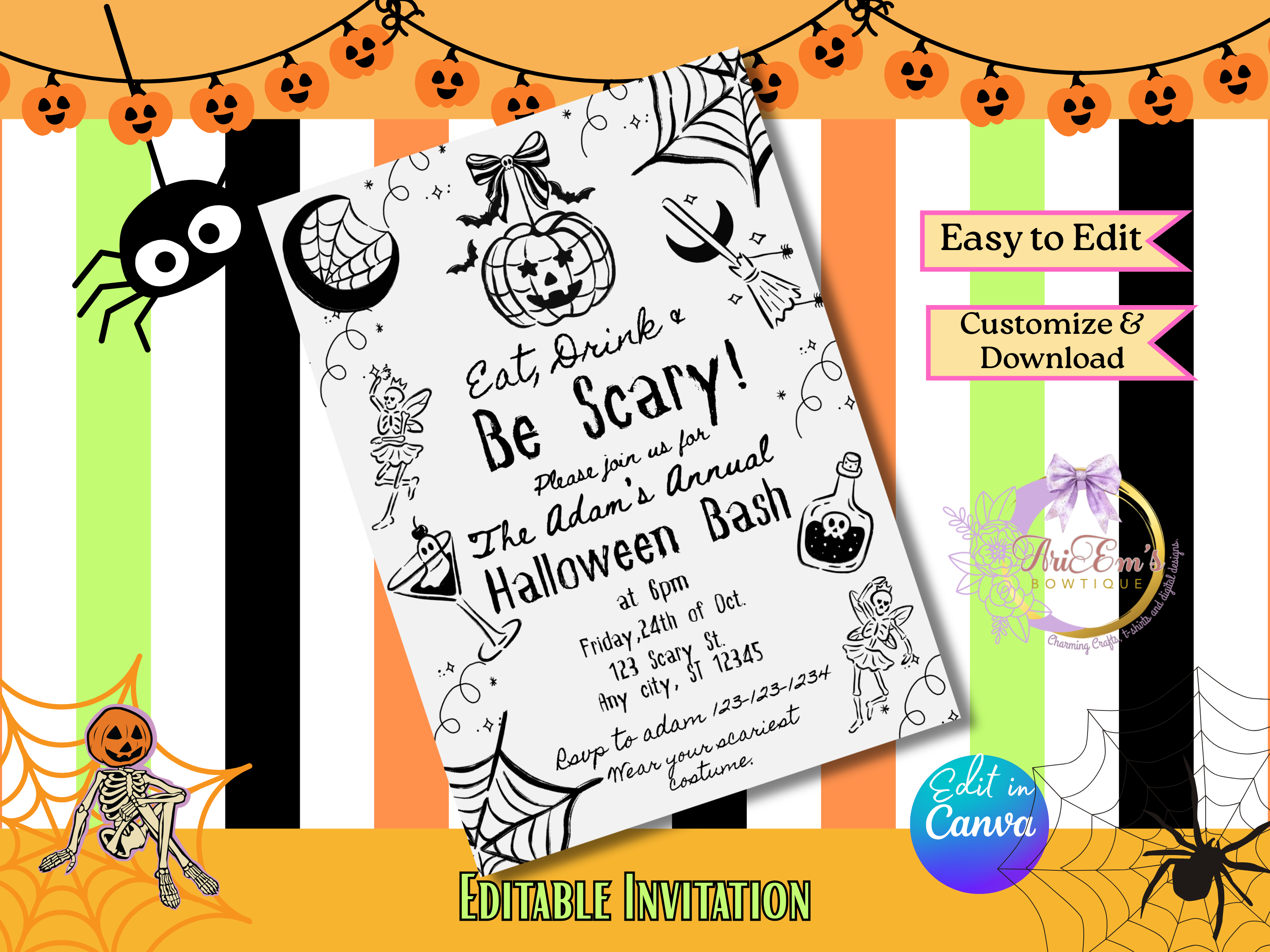 Eat, Drink & Be Scary Halloween Invitation | Canva Editable Template | Spooky Party Whimsical Digital Invite | 5x7 Printable Download