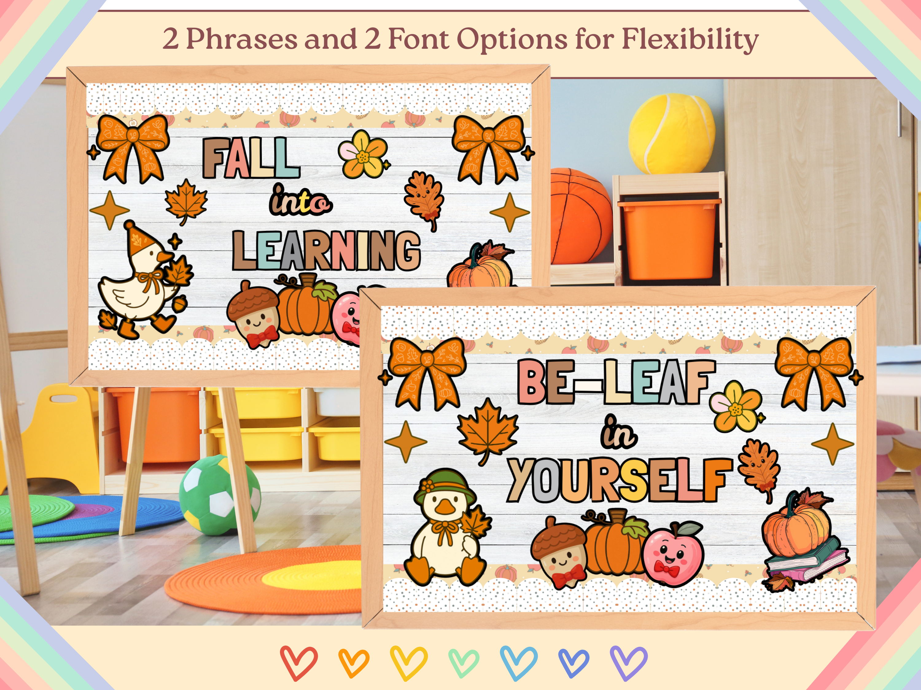 Fall Goose Bulletin Board Kit • Fall Into Learning & Be-Leaf in Yourself Letters • Editable Canva Classroom Decor Autumn Borders Accents PDF