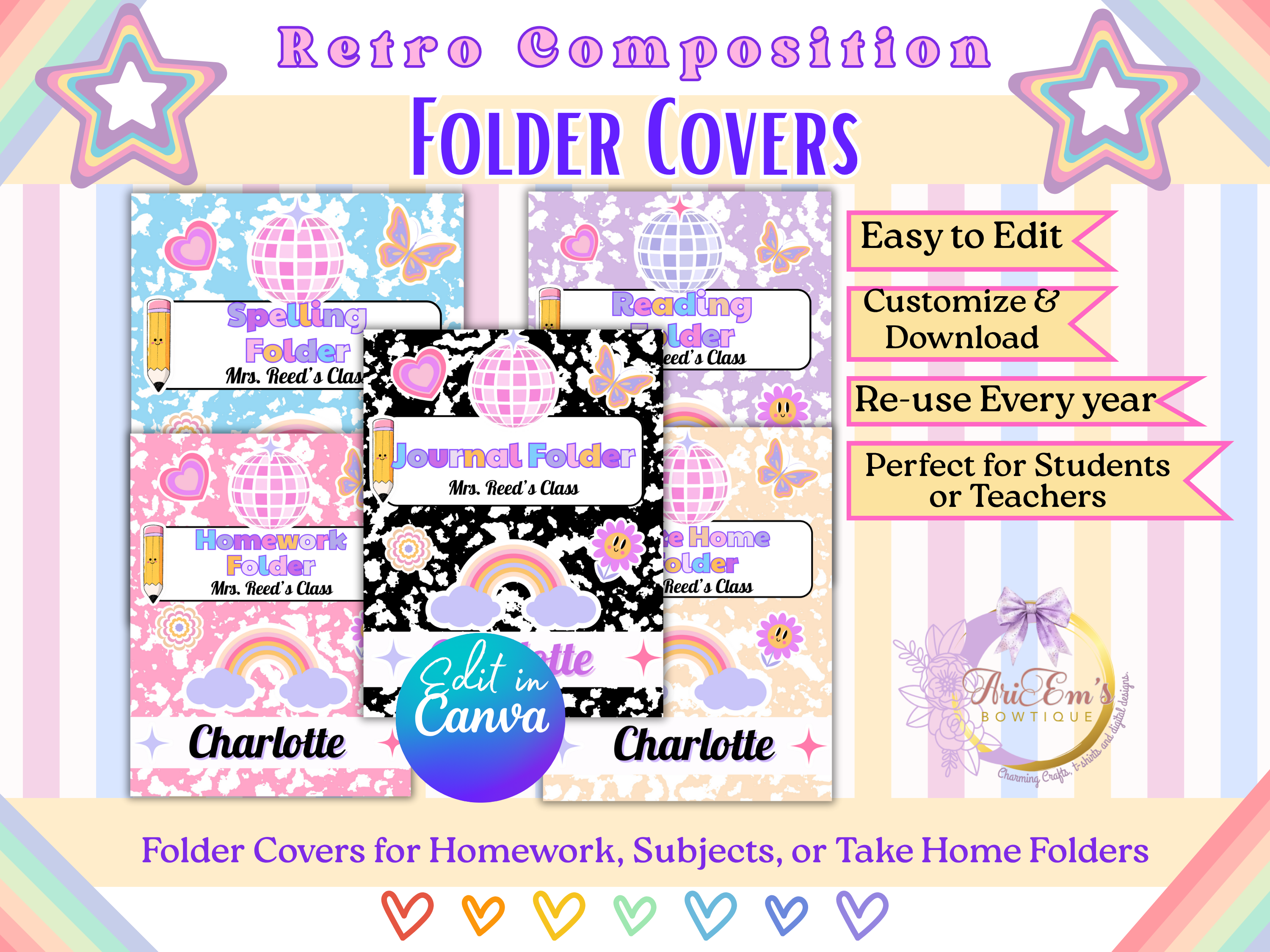 Retro Groovy Composition Binder Covers | Editable Canva Templates for Teachers & Students | Printable Folder Covers | Back to School Decor