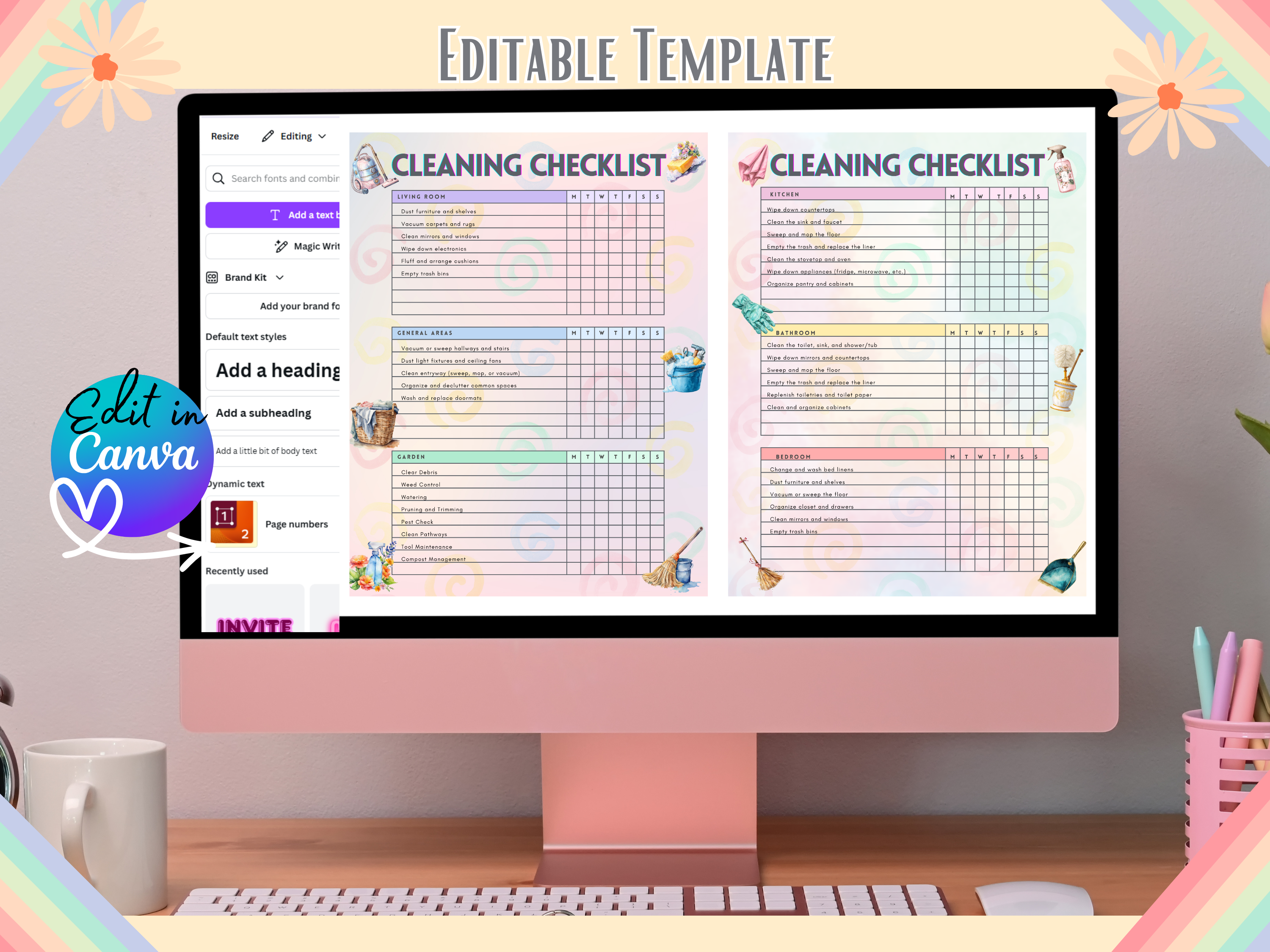 Editable Simple Cleaning Checklists | Daily, Weekly & Monthly Speed-Cleaning Guide | Canva Template | Instant Download