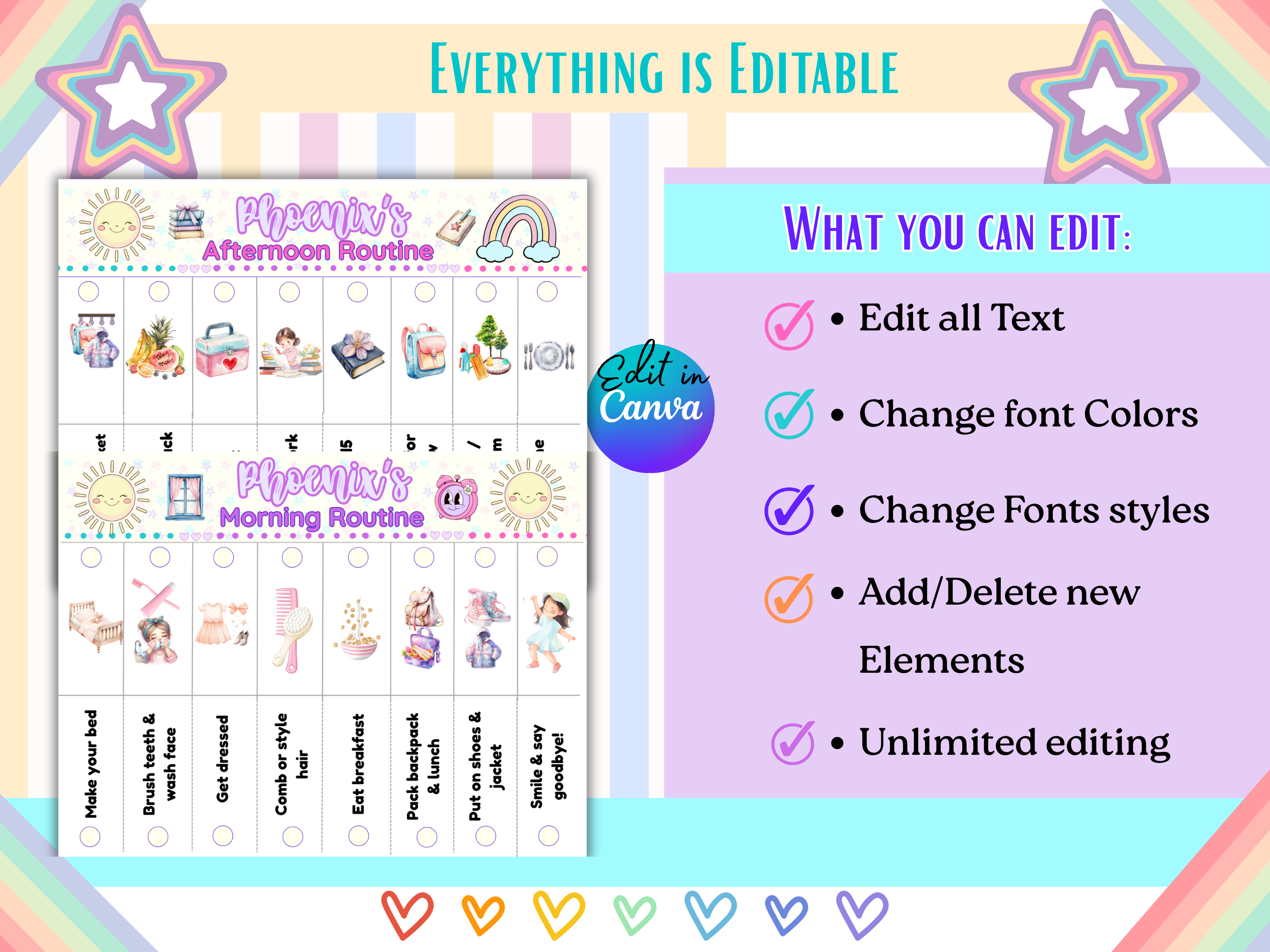 Editable Kids Visual Routine Flip Charts Colorful Morning Afternoon Evening Chores 4 Printable Charts Front & Back Reusable Canva Template