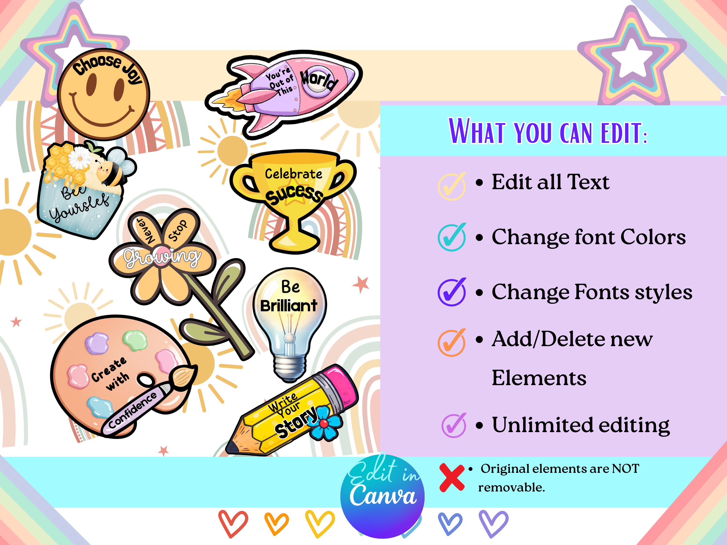 Motivational Bulletin Board Bundle | Editable Canva Letters, Encouraging Words & Borders | Classroom Decor PDF Download