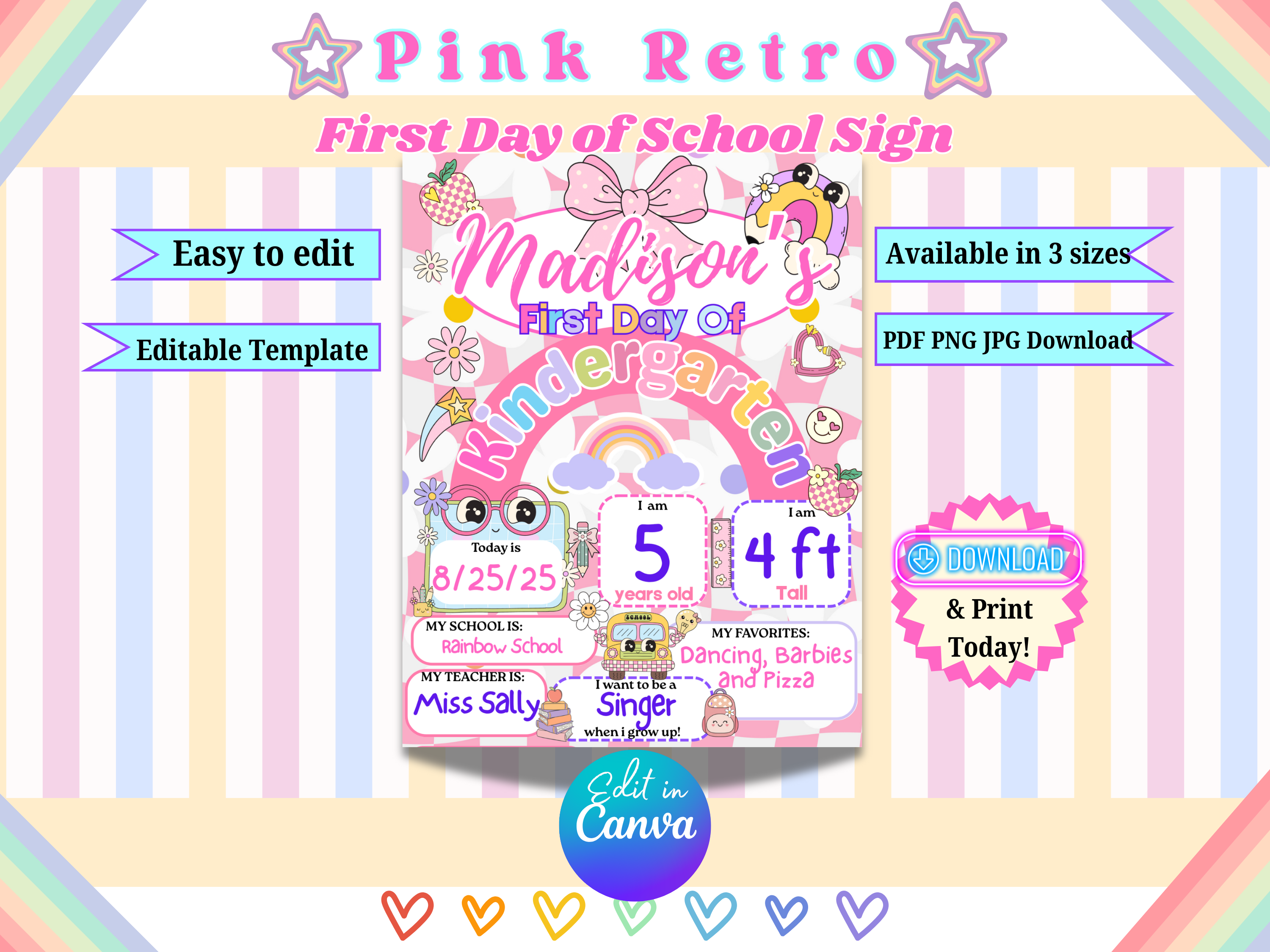 First Day of School Sign Pink Retro Editable Canva Template | Back to School Poster Girl Boho 8.5x11, 11x14, 16x20 | Printable Classroom Decor