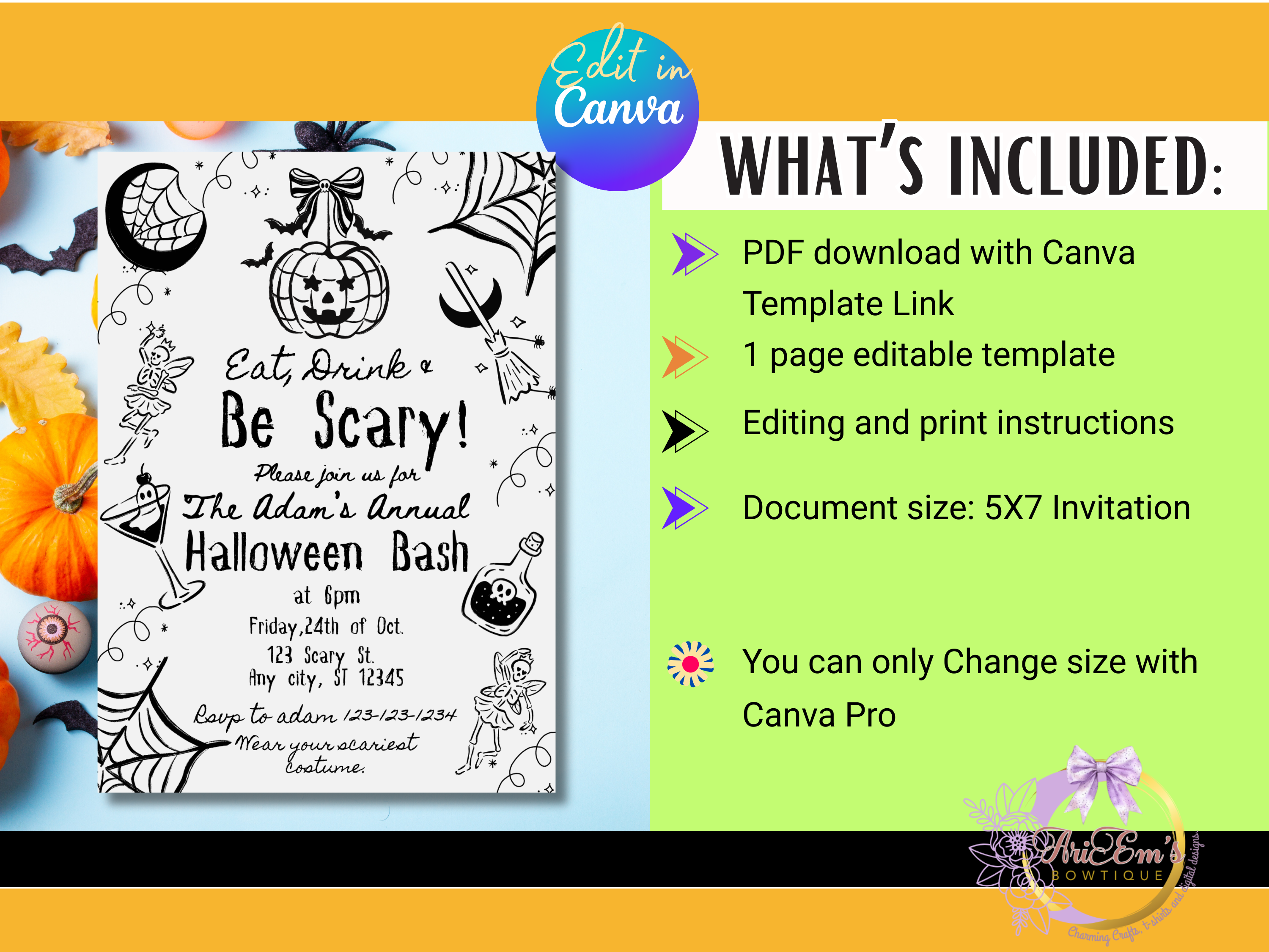 Eat, Drink & Be Scary Halloween Invitation | Canva Editable Template | Spooky Party Whimsical Digital Invite | 5x7 Printable Download