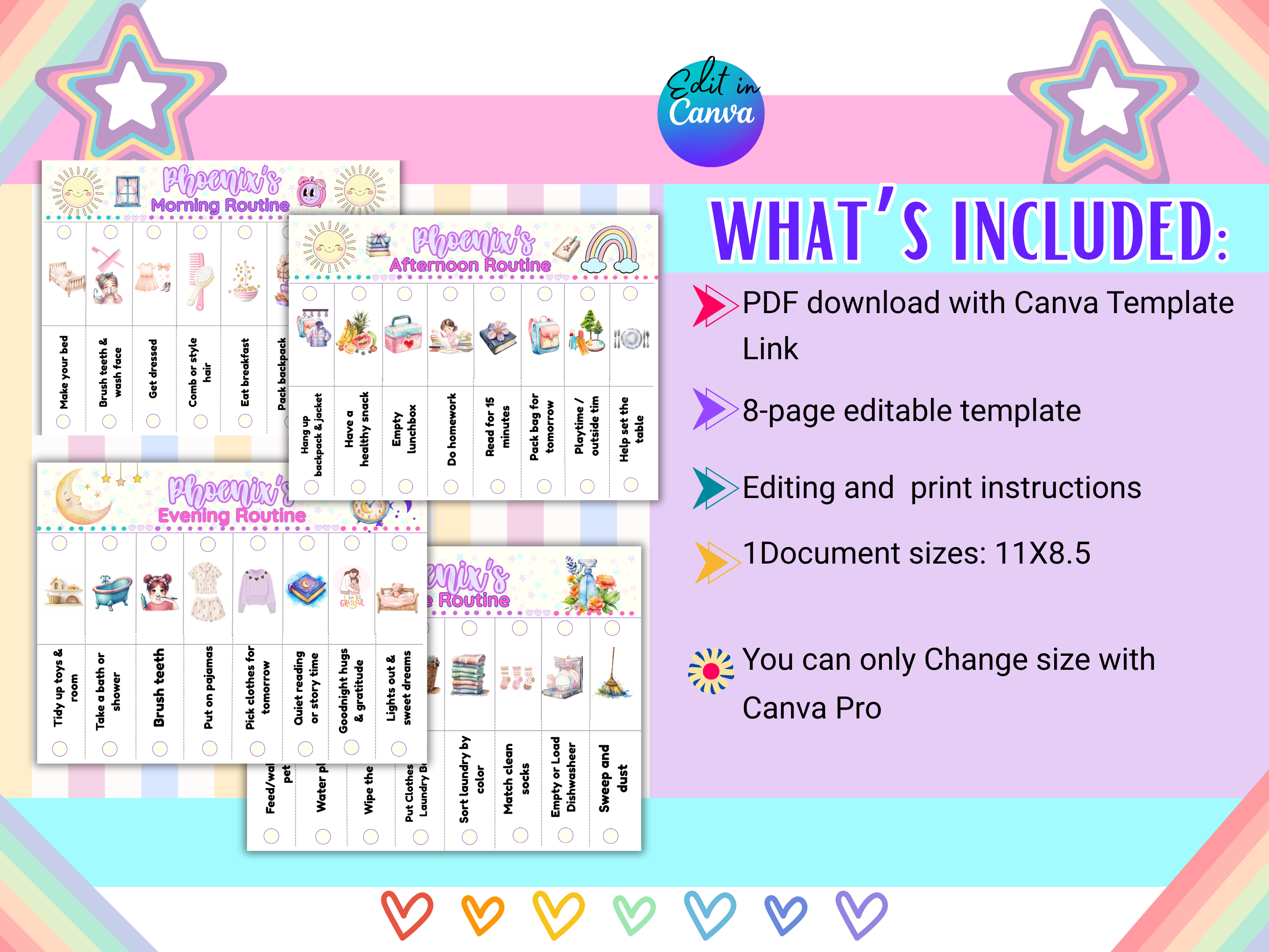 Editable Kids Visual Routine Flip Charts Colorful Morning Afternoon Evening Chores 4 Printable Charts Front & Back Reusable Canva Template