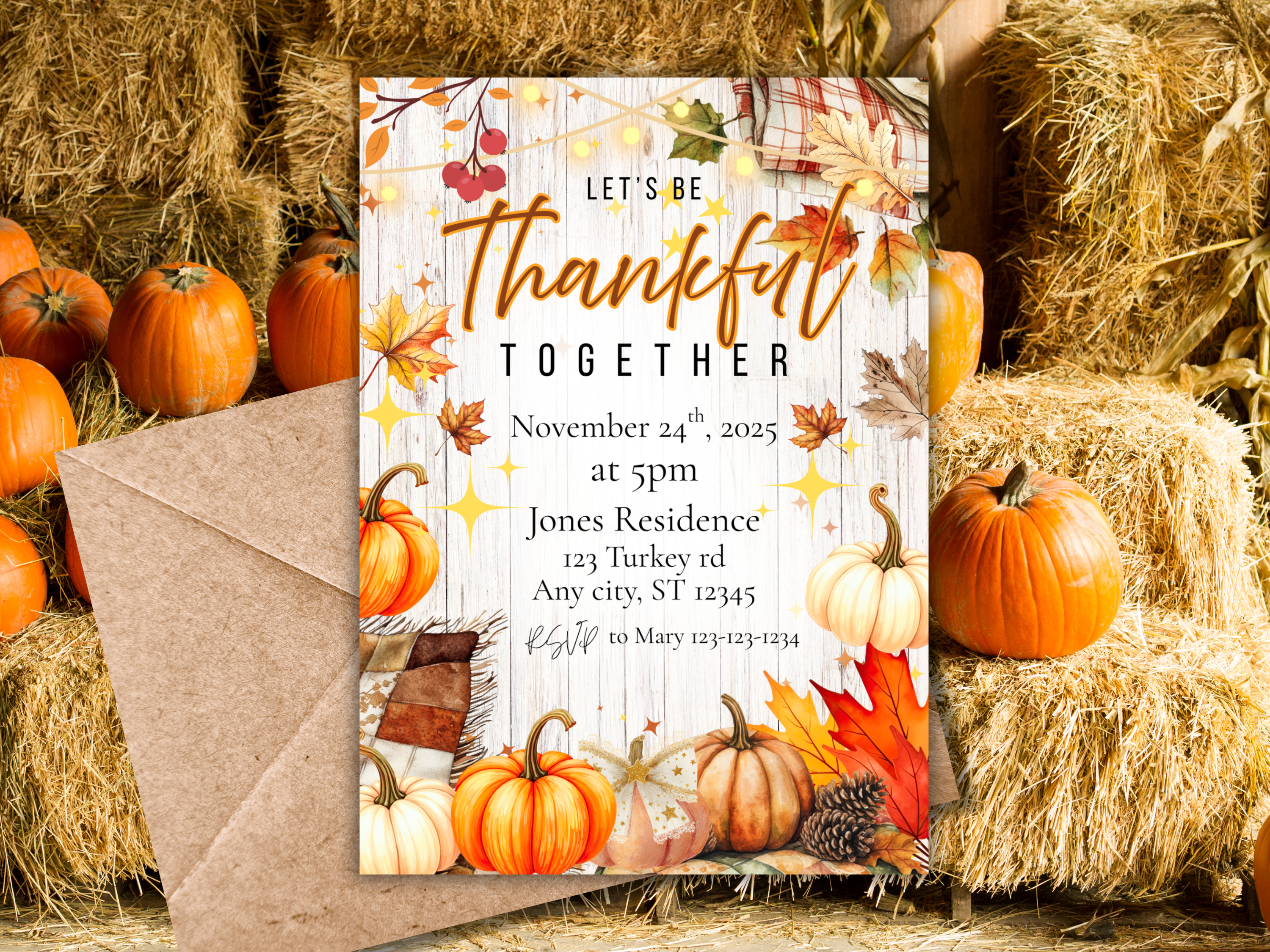 Let's Be Thankful Thanksgiving Invitation Canva Template | Fall Dinner Party Invite