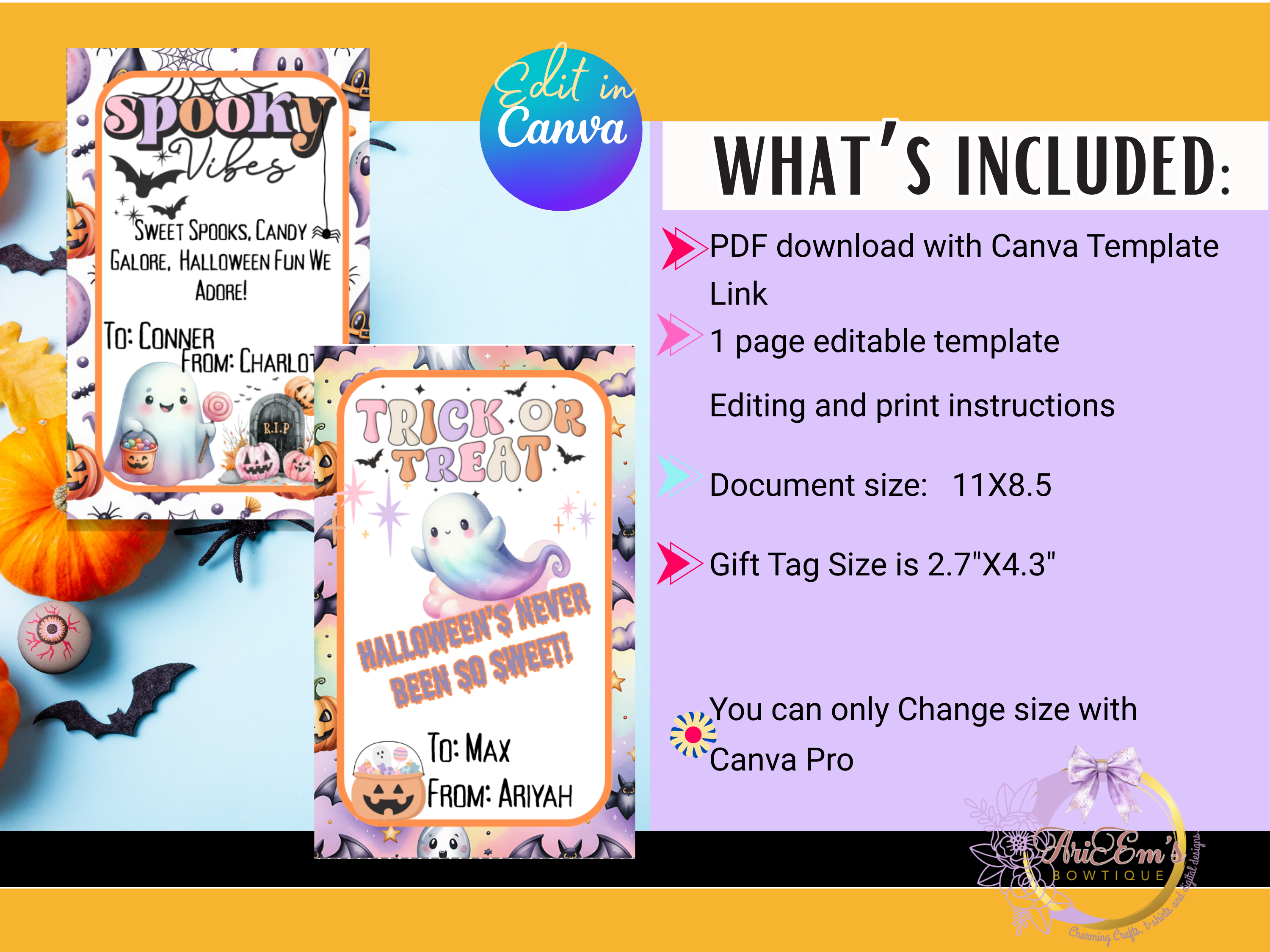 Happy Halloween Cute Candy Gift Tags • 8 Fun Editable Canva Designs • Printable School Treat Labels • Halloween Party Favor Tags 2.7"x4.3"