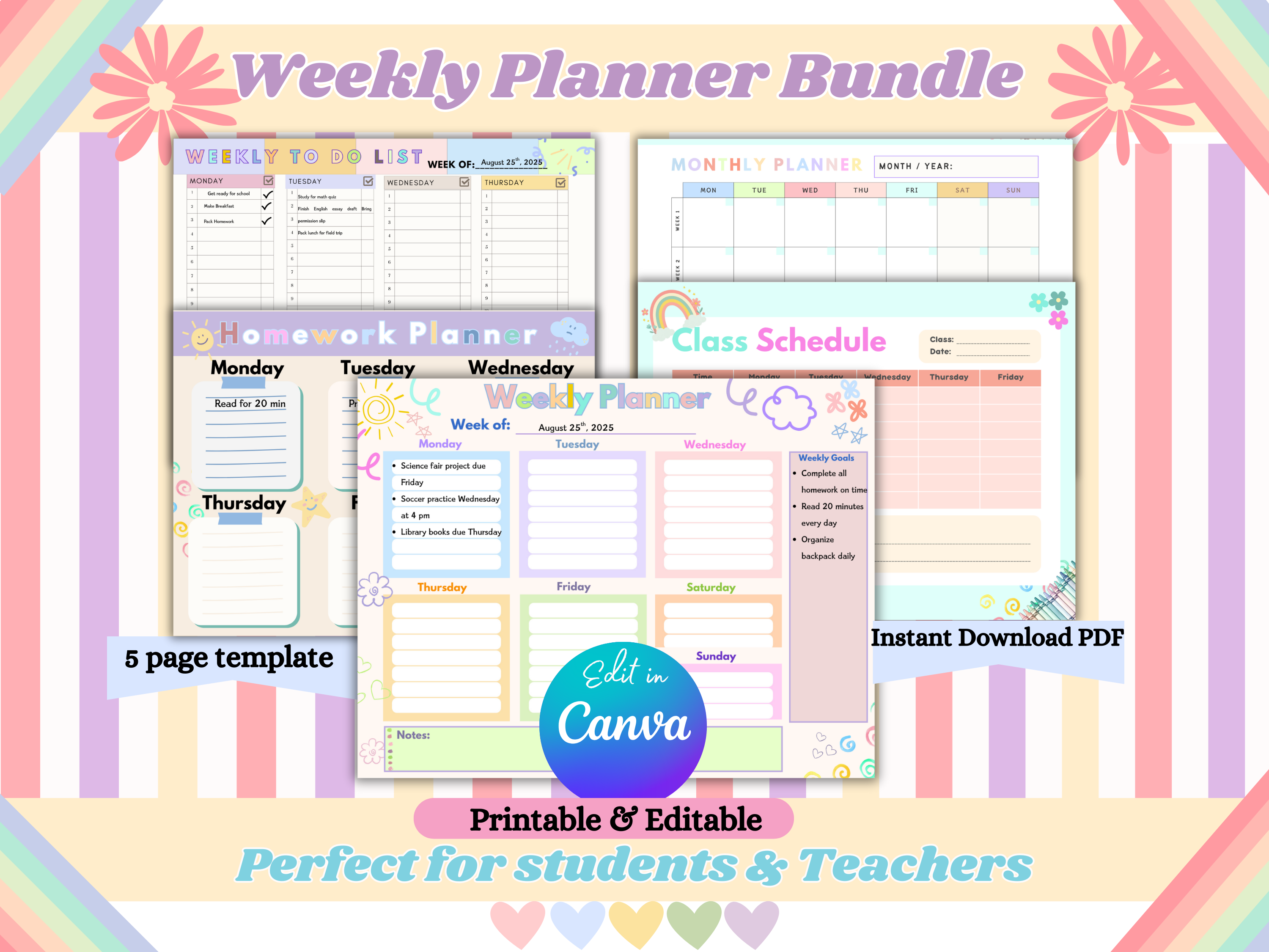 Editable Weekly Planner Bundle PDF Download | Back to School To-Do List Homework Planner Monthly Calendar Class Schedule Printable Template