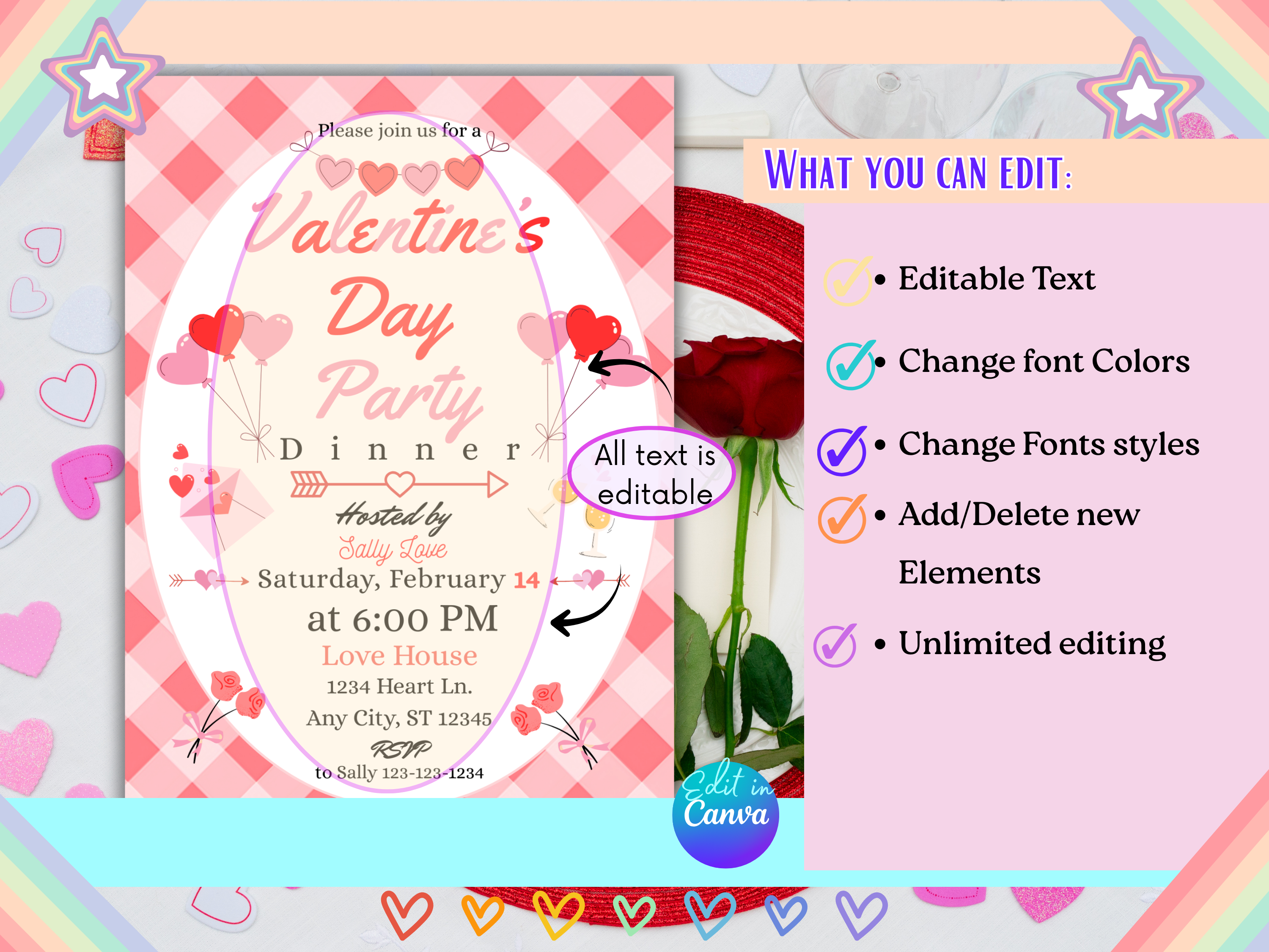 Valentine’s Day Invitation Canva Template | Editable  Heart-Themed Party Invite for Birthdays, Dinner Parties, Galentine’s Digital Download