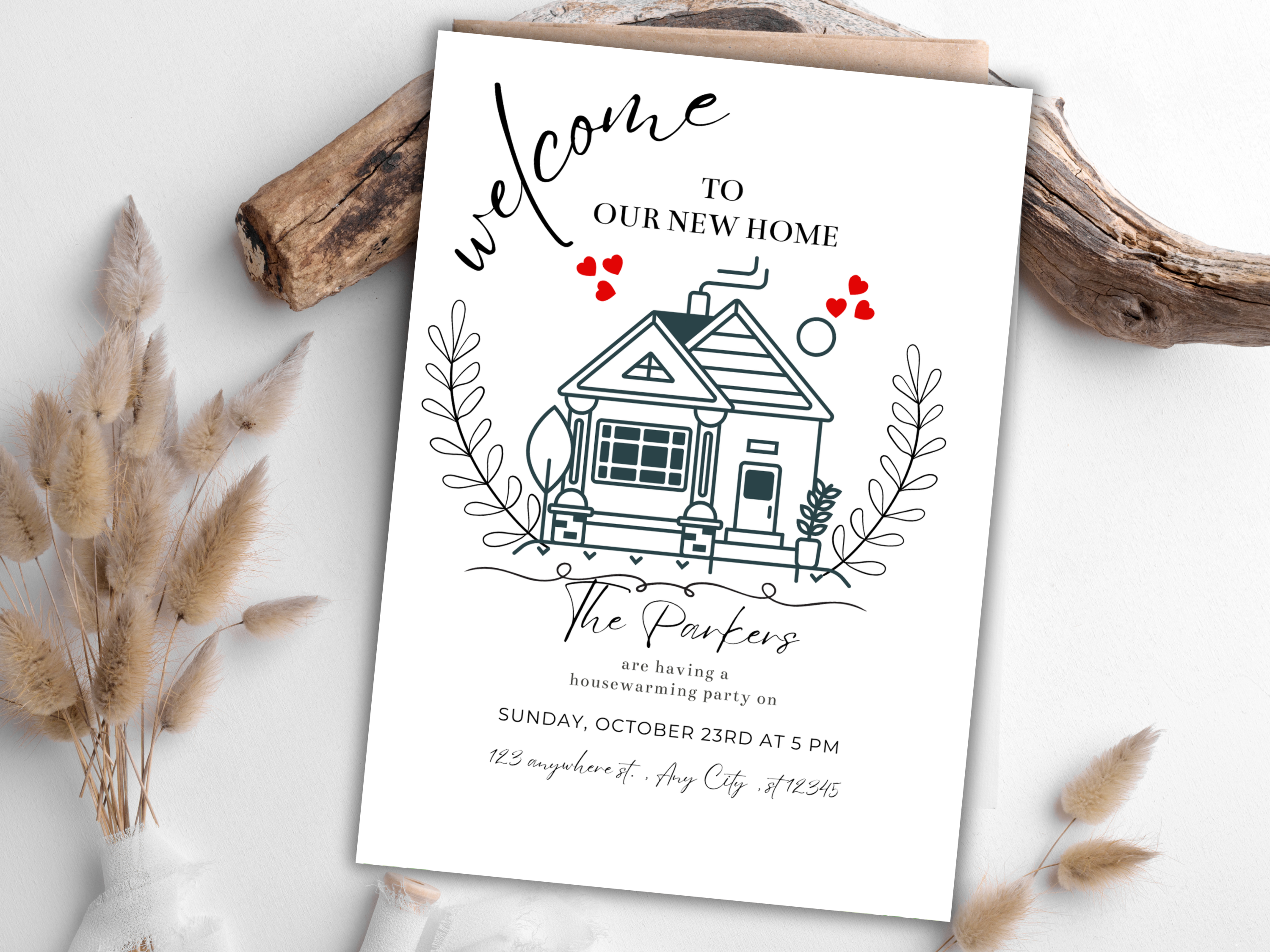 Minimalist Housewarming Invitation Template | Hearts Design | Editable Canva Invite | Modern, Simple, Digital Printable | New Home Party