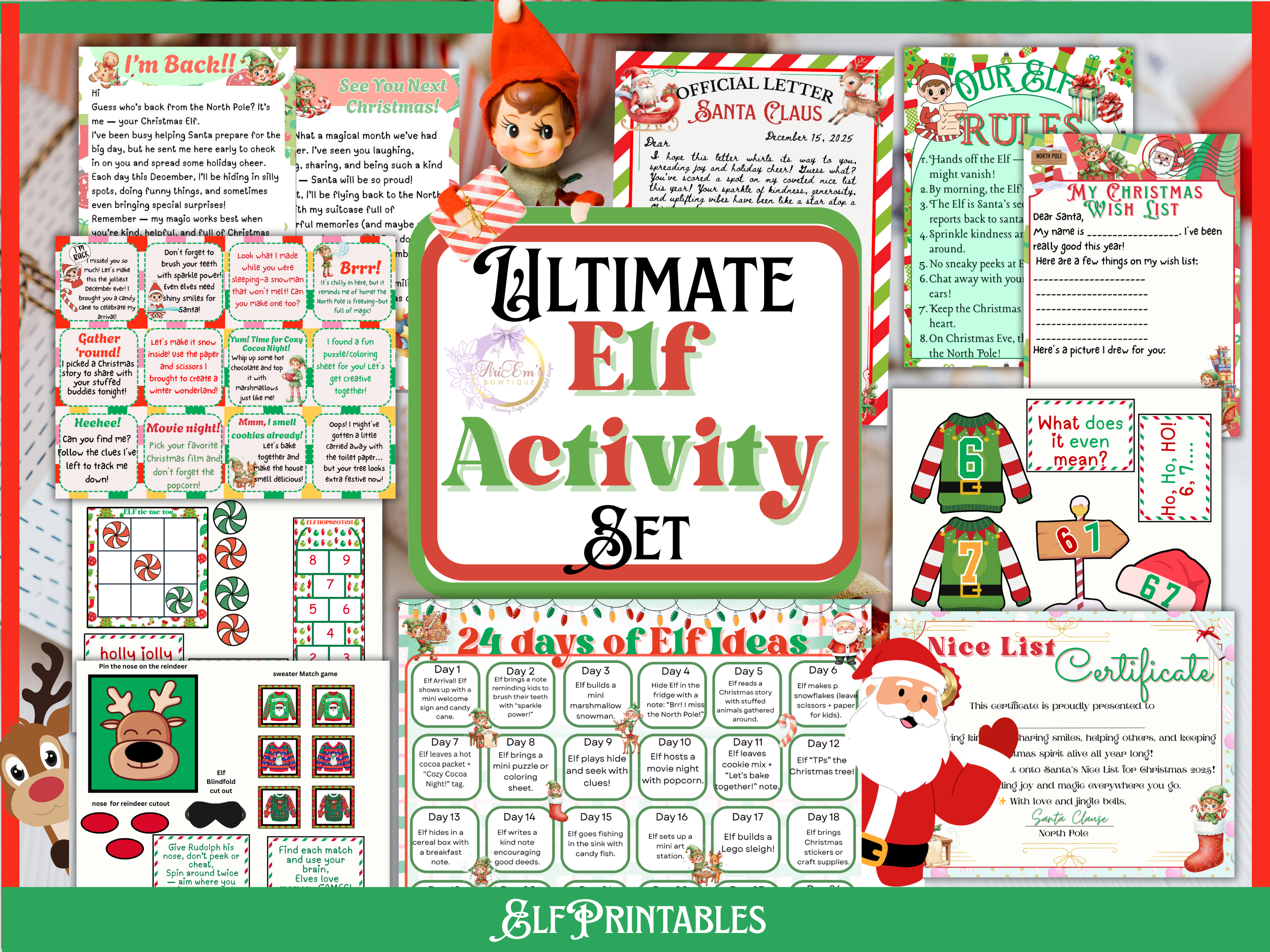 Elf on the Shelf Ultimate Idea Activity Kit | 24 Days Elf Printables Games Props Set, Letter from Santa, Elf Jokes, Calendar & Certificates