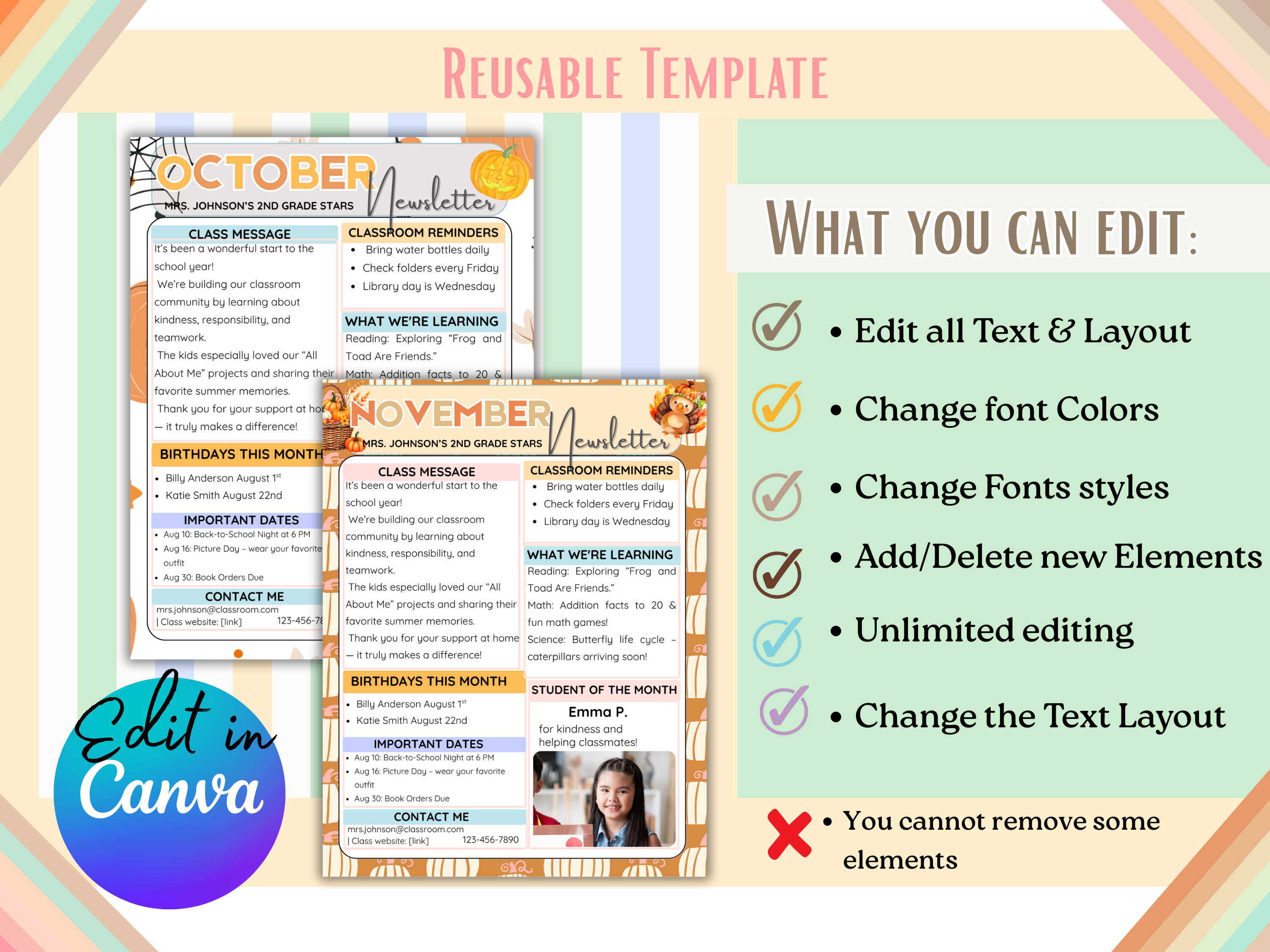 Editable Monthly Classroom Newsletter Template | Fun Preschool Newsletter | 12 Prefilled + 12 Blank Canva Templates | Cute Monthly Themes