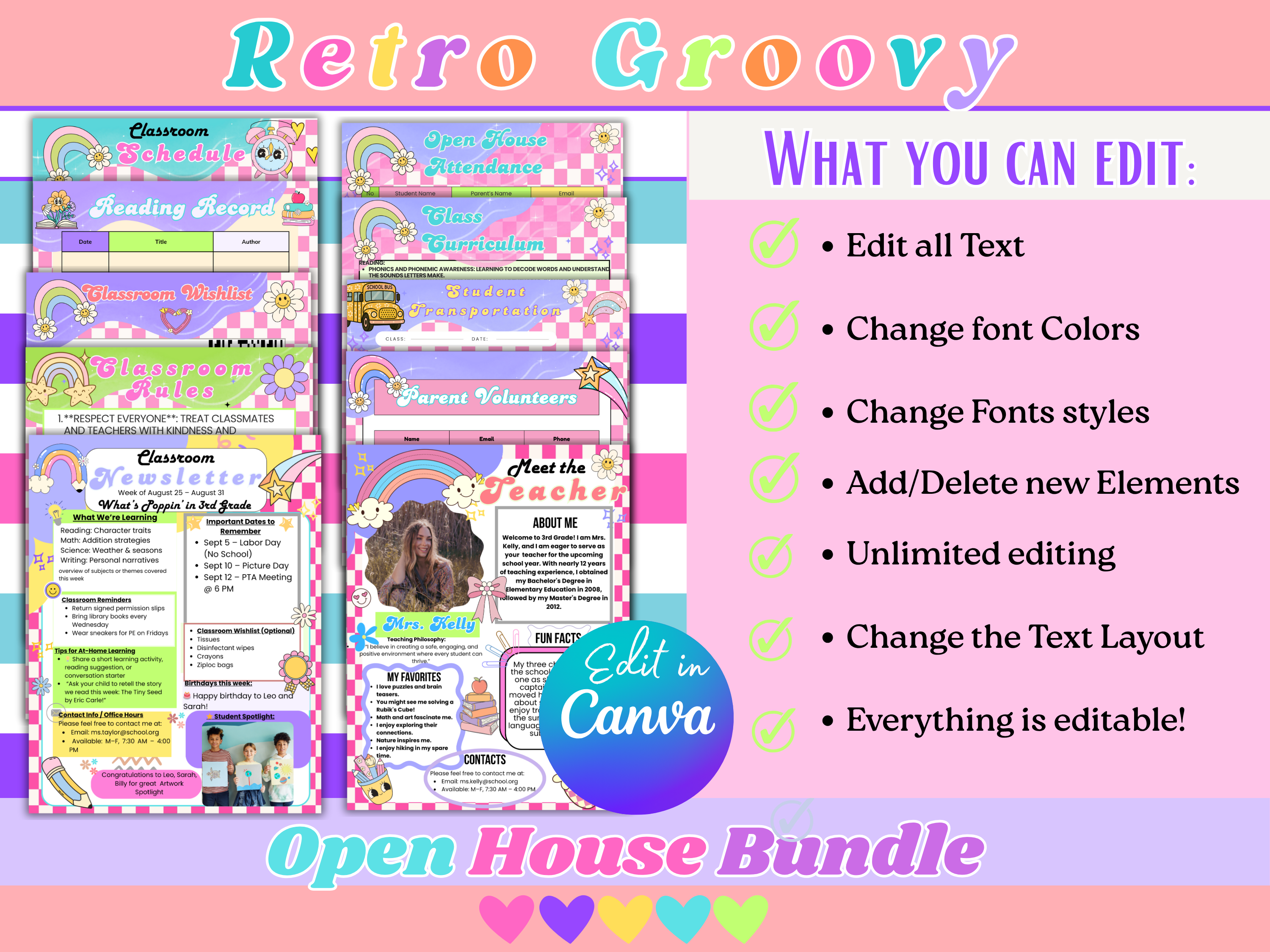 Retro Groovy Back to School Bundle | Editable Teacher Open House Templates | Meet the Teacher, Newsletter, Student Forms | Canva | 21 Pages