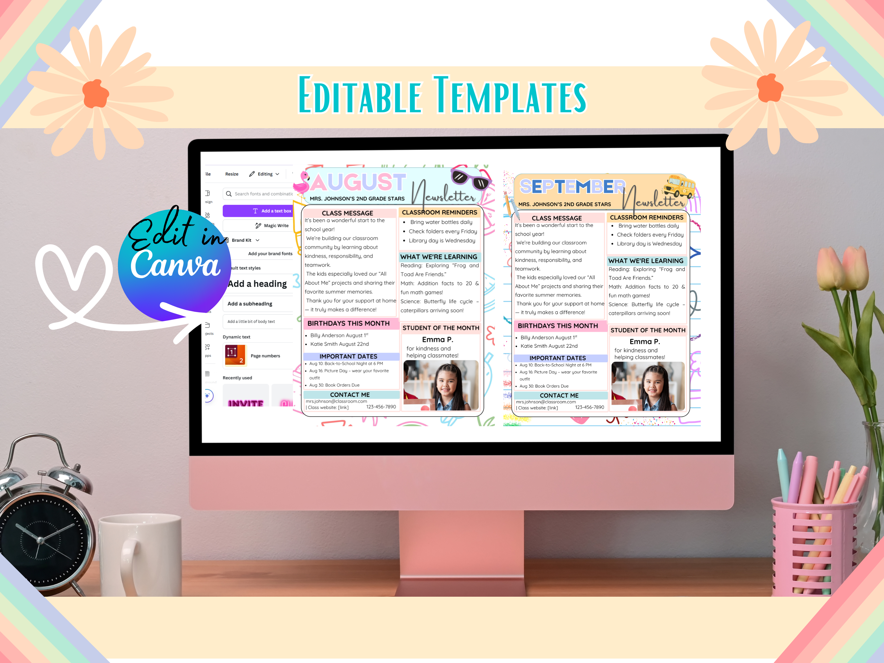 Editable Monthly Classroom Newsletter Template | Fun Preschool Newsletter | 12 Prefilled + 12 Blank Canva Templates | Cute Monthly Themes