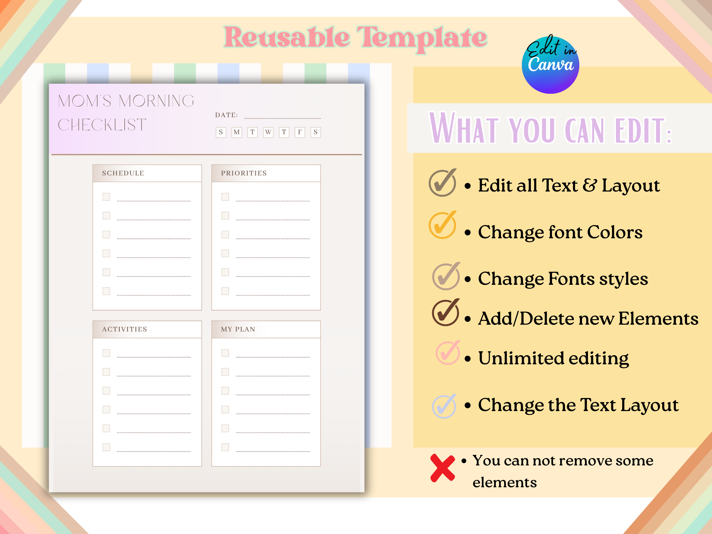 Morning Routine Mom Planner 7-Page Editable Canva Template Daily Kids Chores Chart Lunch Planner Outfit Planner Quotes Printable PDF
