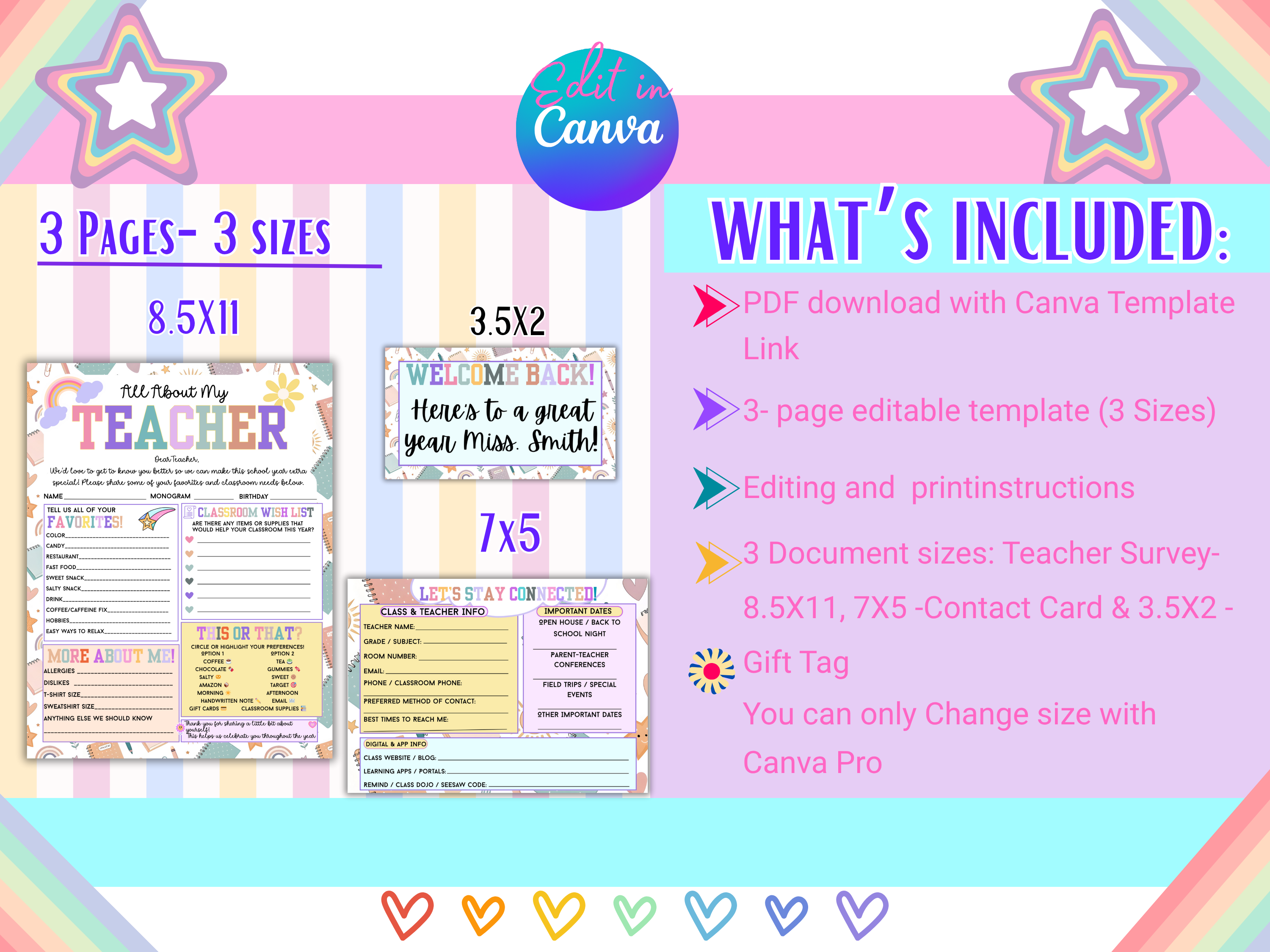All About Me Teacher Favorites Questionnaire Bundle | Back to School Editable Teacher Survey, Contact Card Gift Tag |Canva Template