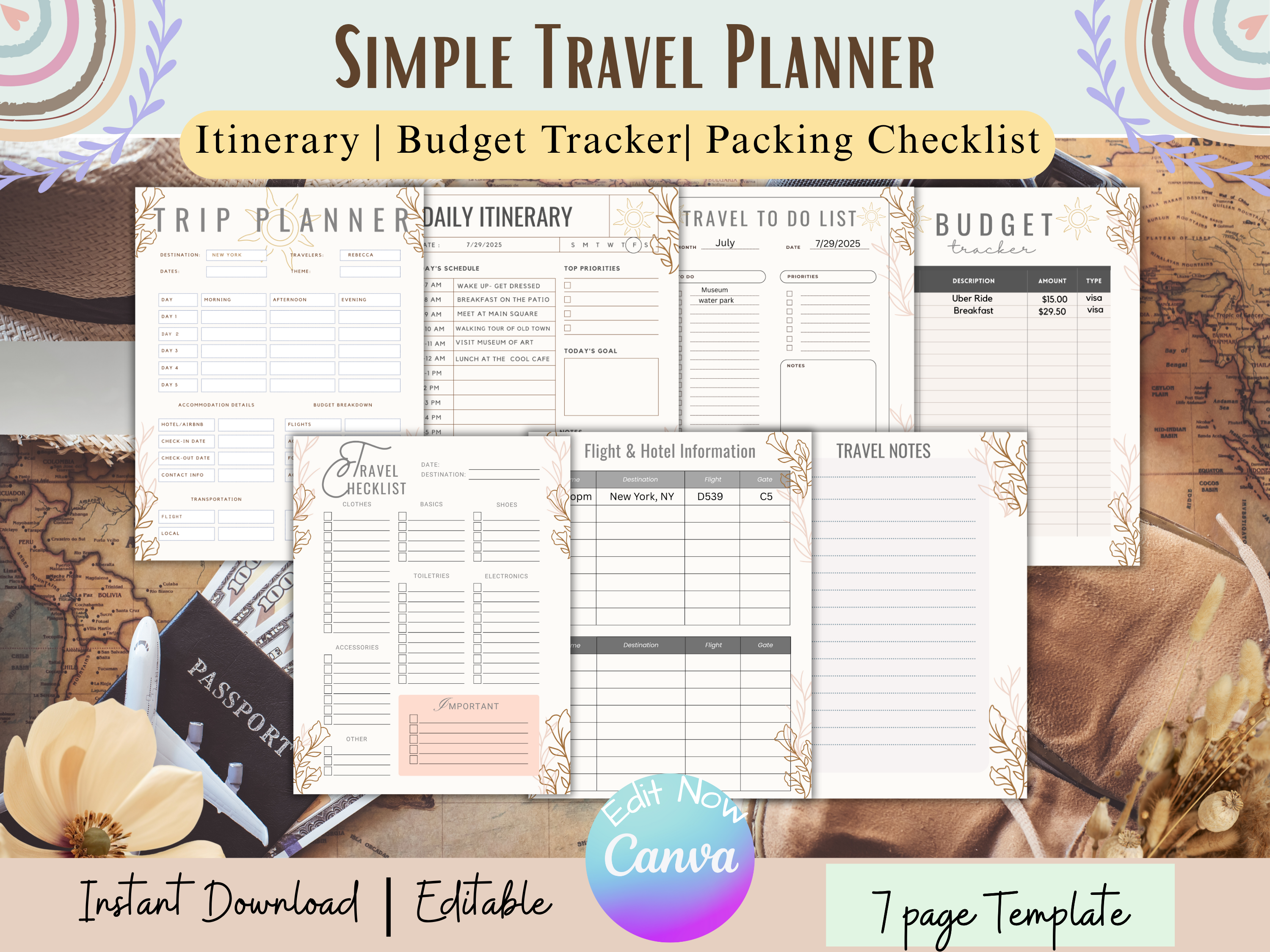 Travel Planner Editable 7-Page Trip Organizer with Packing Checklist Vacation Budget Tracker To-Do List Printable PDF & Canva Template