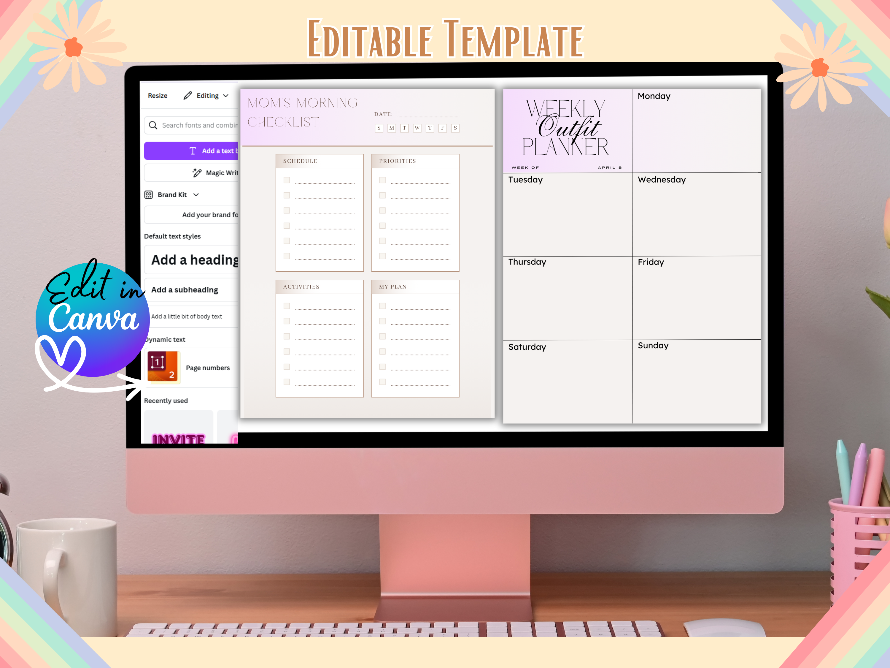 Morning Routine Mom Planner 7-Page Editable Canva Template Daily Kids Chores Chart Lunch Planner Outfit Planner Quotes Printable PDF