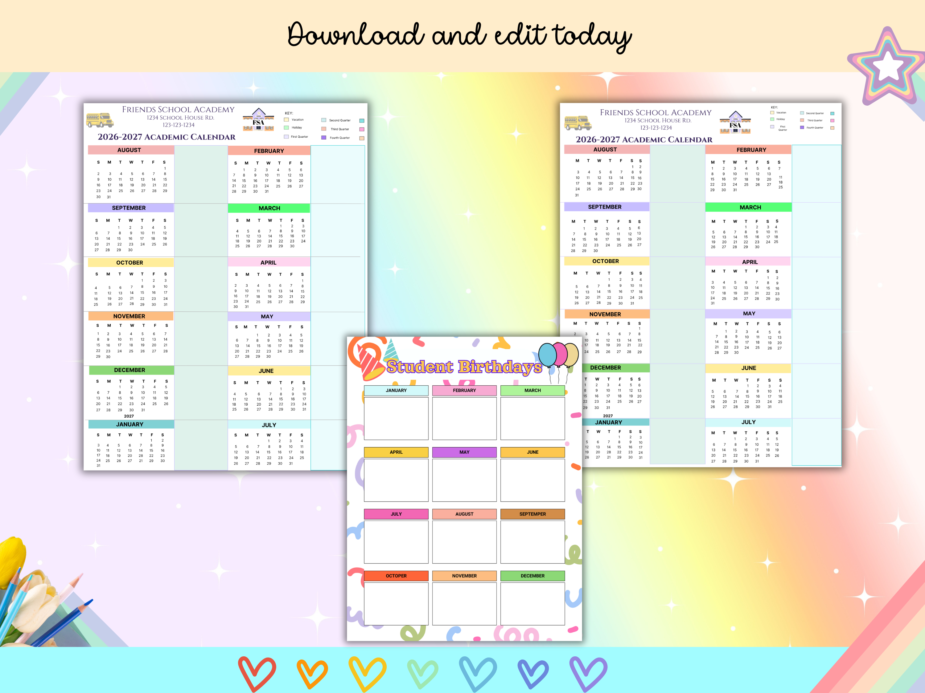 Academic Year Calendar 2026-2027 | School Year at a Glance Planner | Teacher Student Monthly Calendar | Birthday Tracker Canva Template