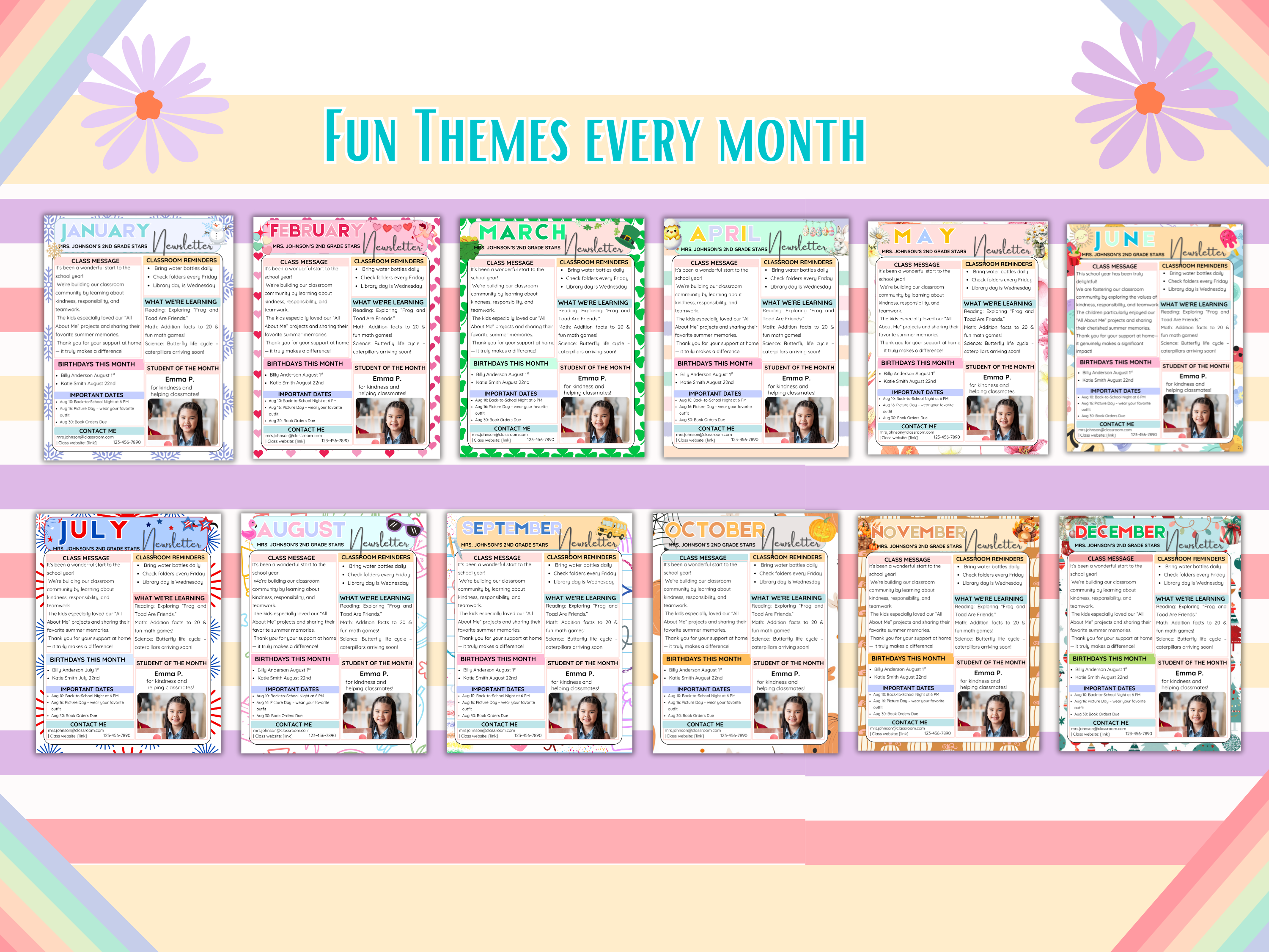 Editable Monthly Classroom Newsletter Template | Fun Preschool Newsletter | 12 Prefilled + 12 Blank Canva Templates | Cute Monthly Themes